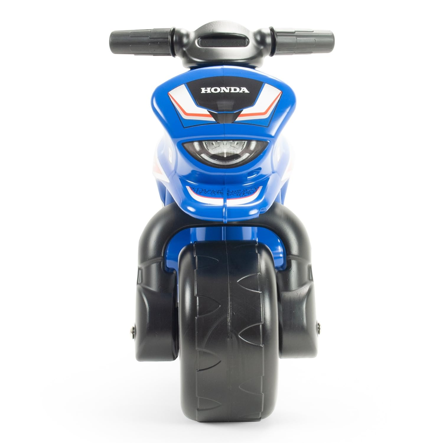 Una motocicleta de juguete Honda azul y negra. Tiene faro, manillar y un neumático delantero grande. El fondo es blanco.