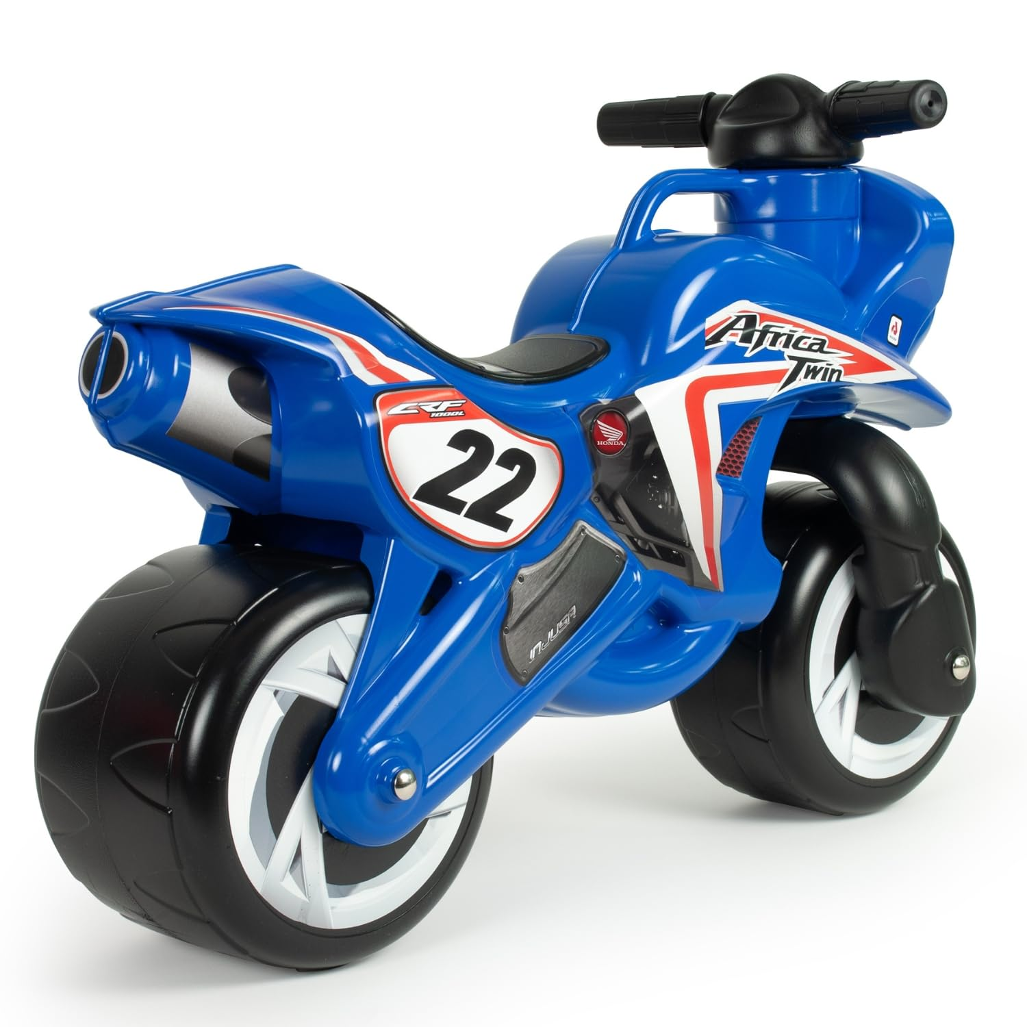 Una moto de juguete azul y blanca con neumáticos negros. Tiene el número 22 y el logo de Africa Twin.