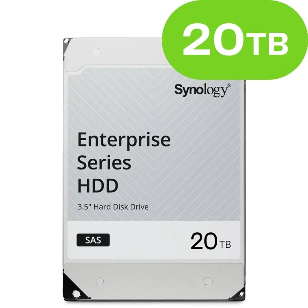 Dysk twardy Synology Enterprise Series 20 TB. Zielona owalna etykieta z napisem 20 TB. Tekst: Dysk twardy 3,5", SAS.