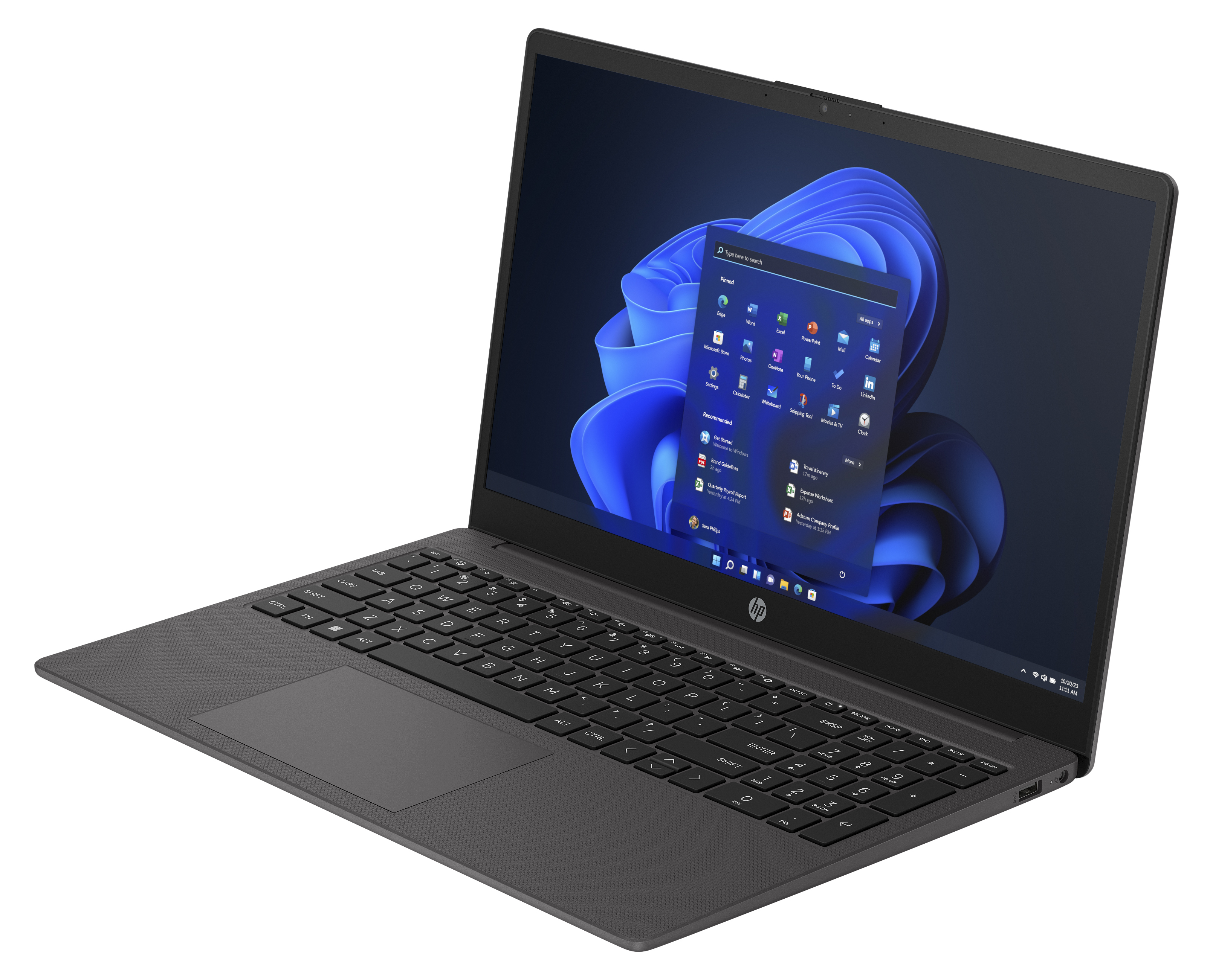 Dunkelgrauer HP-Laptop auf weißem Hintergrund. Bildschirm zeigt Windows-Oberfläche. Tastatur sichtbar.