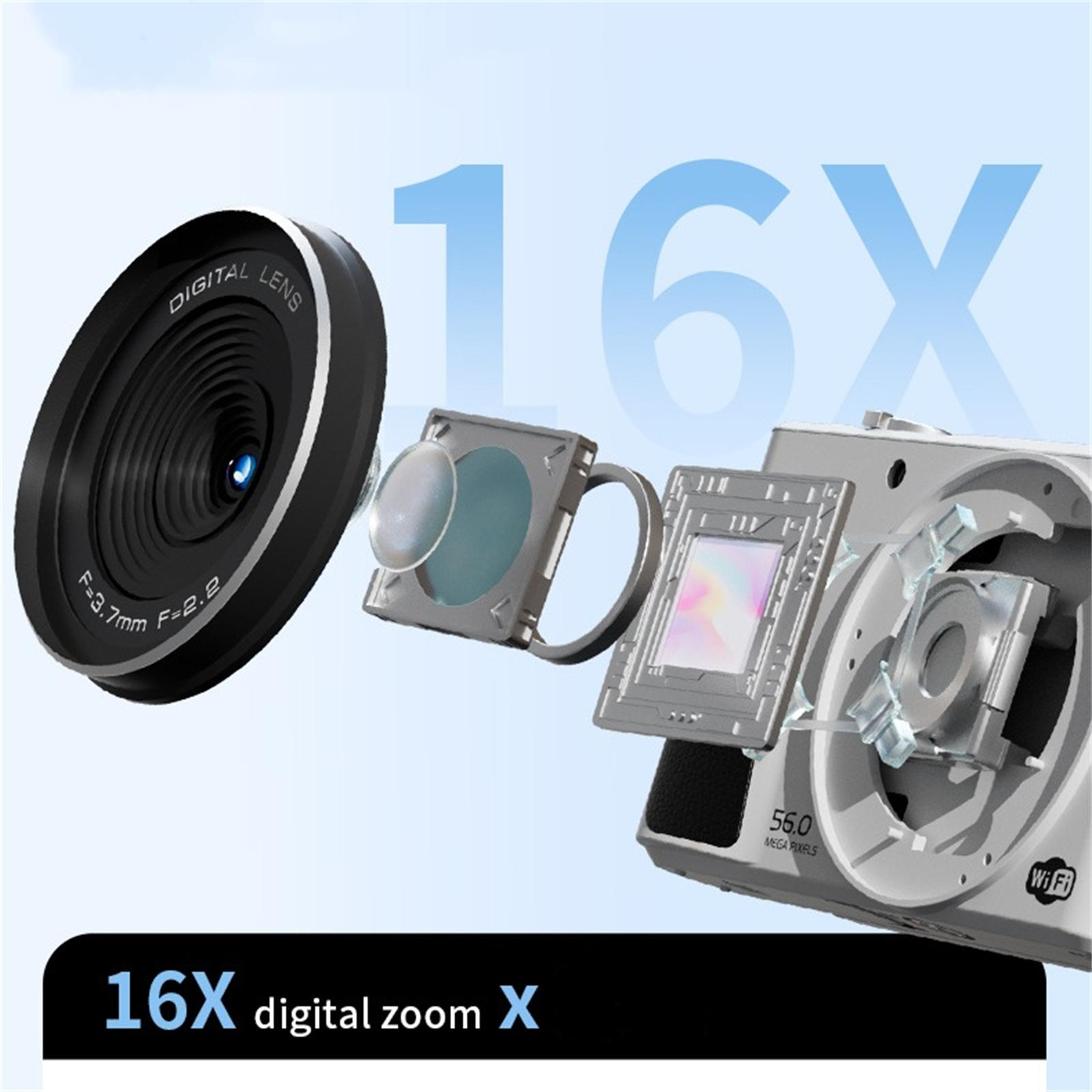 Eine Digitalkamera mit Objektiv und den Worten '16X Digitalzoom X'. Zeigt auch die Zahl 16 in Blau.