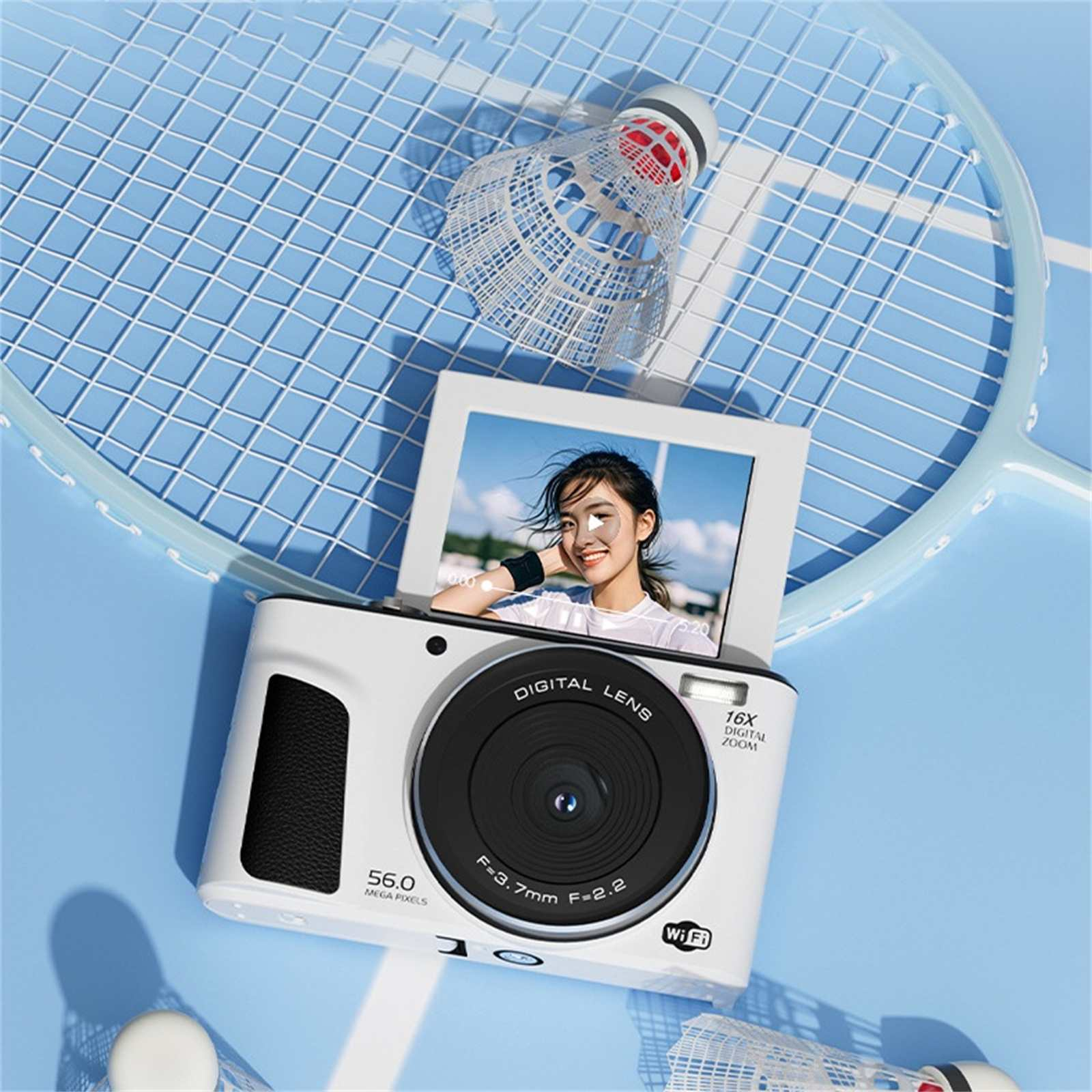 Weiße Kamera mit Foto eines Mädchens, Badmintonschläger und Federball auf blauem Hintergrund.