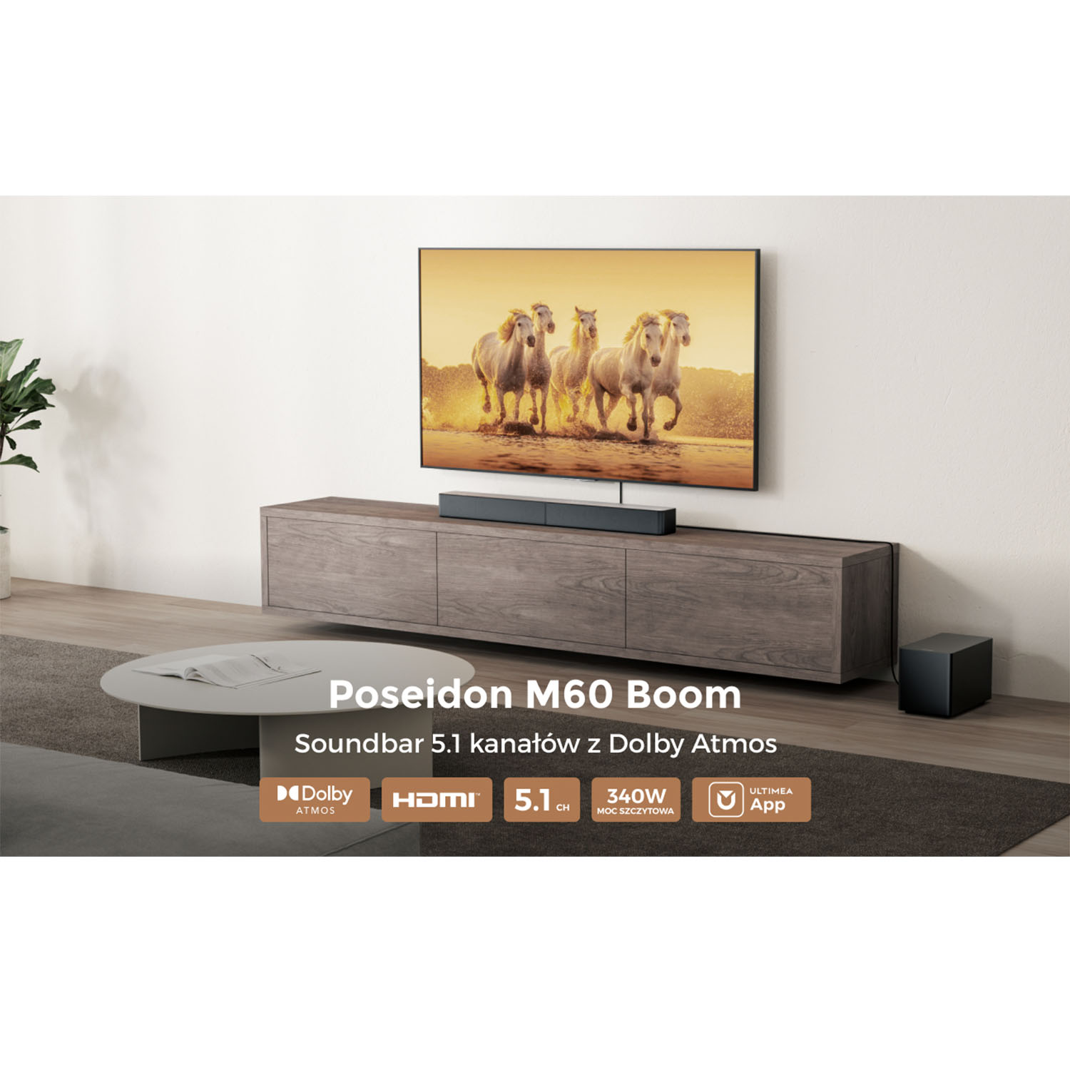 Nowoczesny salon z telewizorem pokazującym konie. Pod telewizorem znajduje się soundbar. Widoczny jest również stolik kawowy i subwoofer.