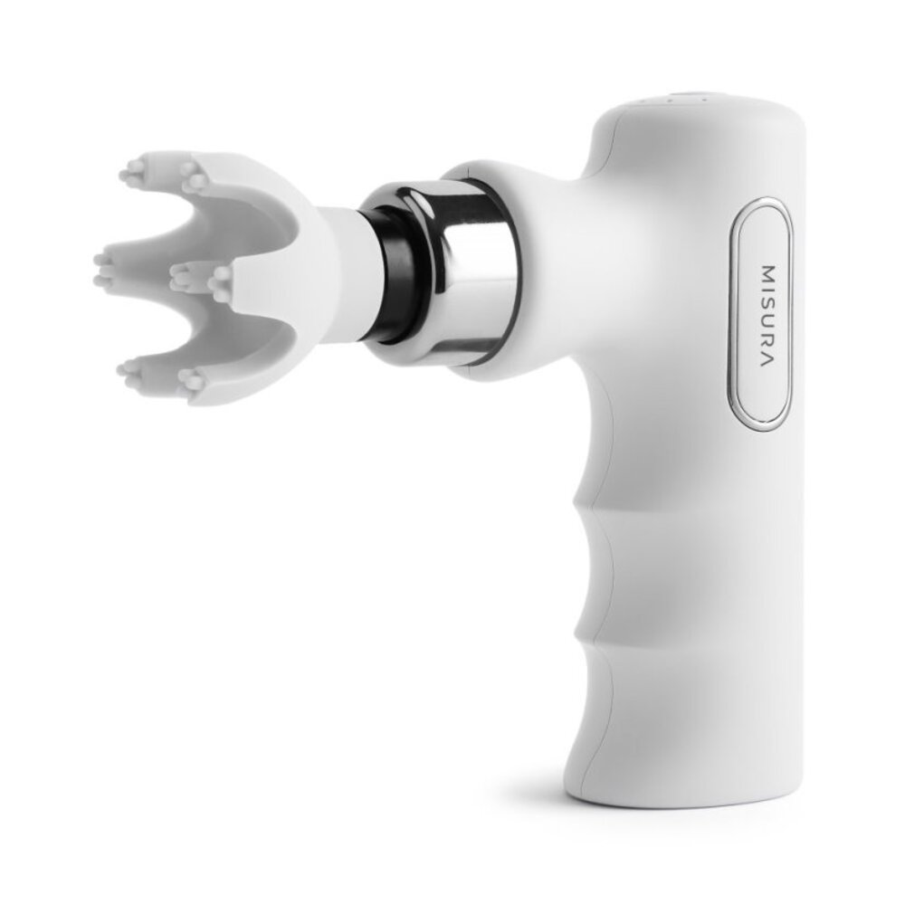 Białe, ręczne urządzenie do masażu z teksturowaną głowicą. Z boku napis 'MISURA'. Izolowane na białym tle.