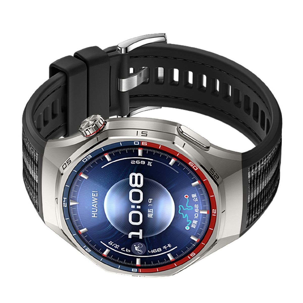 Eine silberne Smartwatch mit schwarzem Armband. Das Zifferblatt zeigt die Uhrzeit 10:08 und andere Daten an. Die Uhr befindet sich auf weißem Hintergrund.