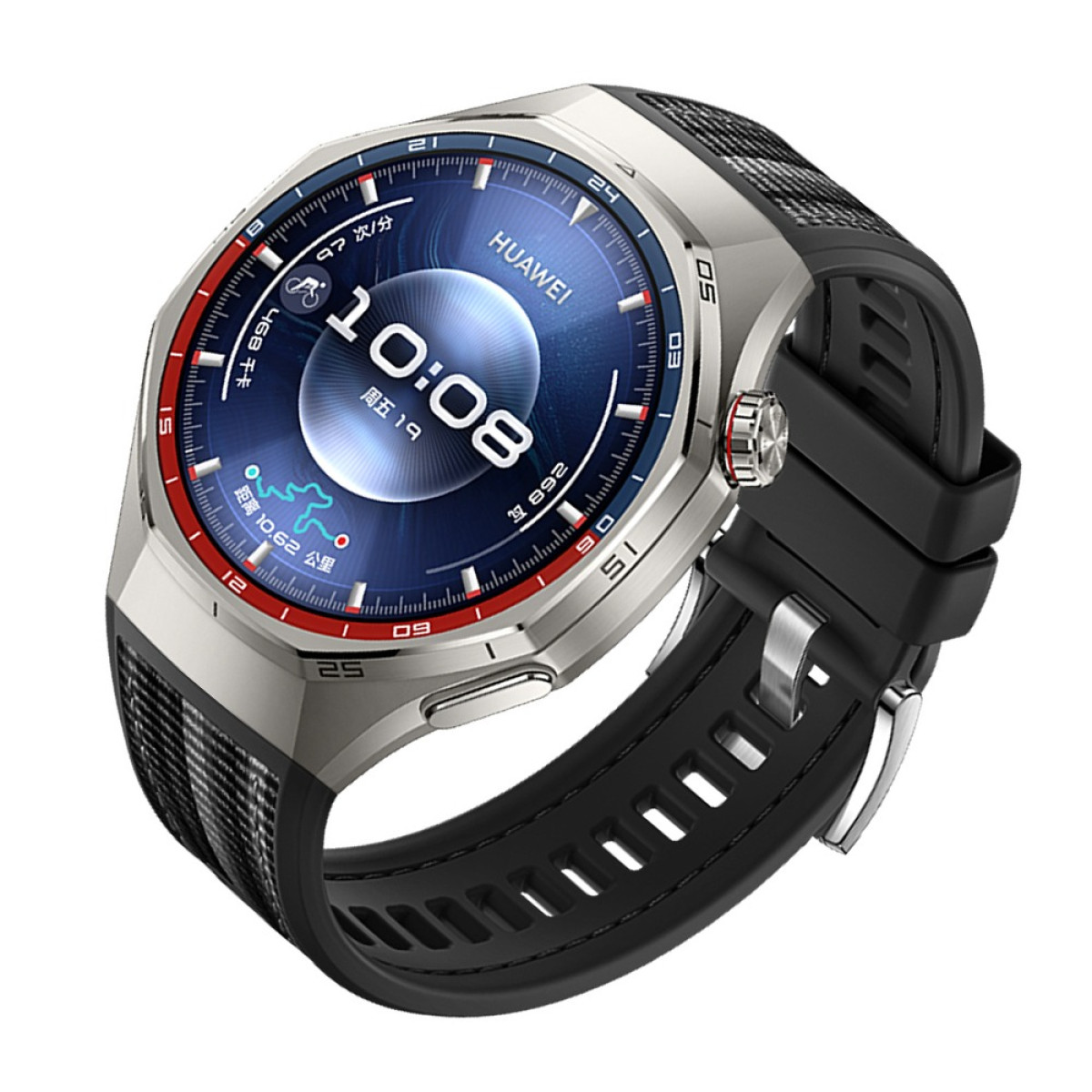 Eine Huawei-Smartwatch mit schwarzem Armband. Das Zifferblatt zeigt Uhrzeit, Datum und andere Fitnessmetriken auf blauem Grund.