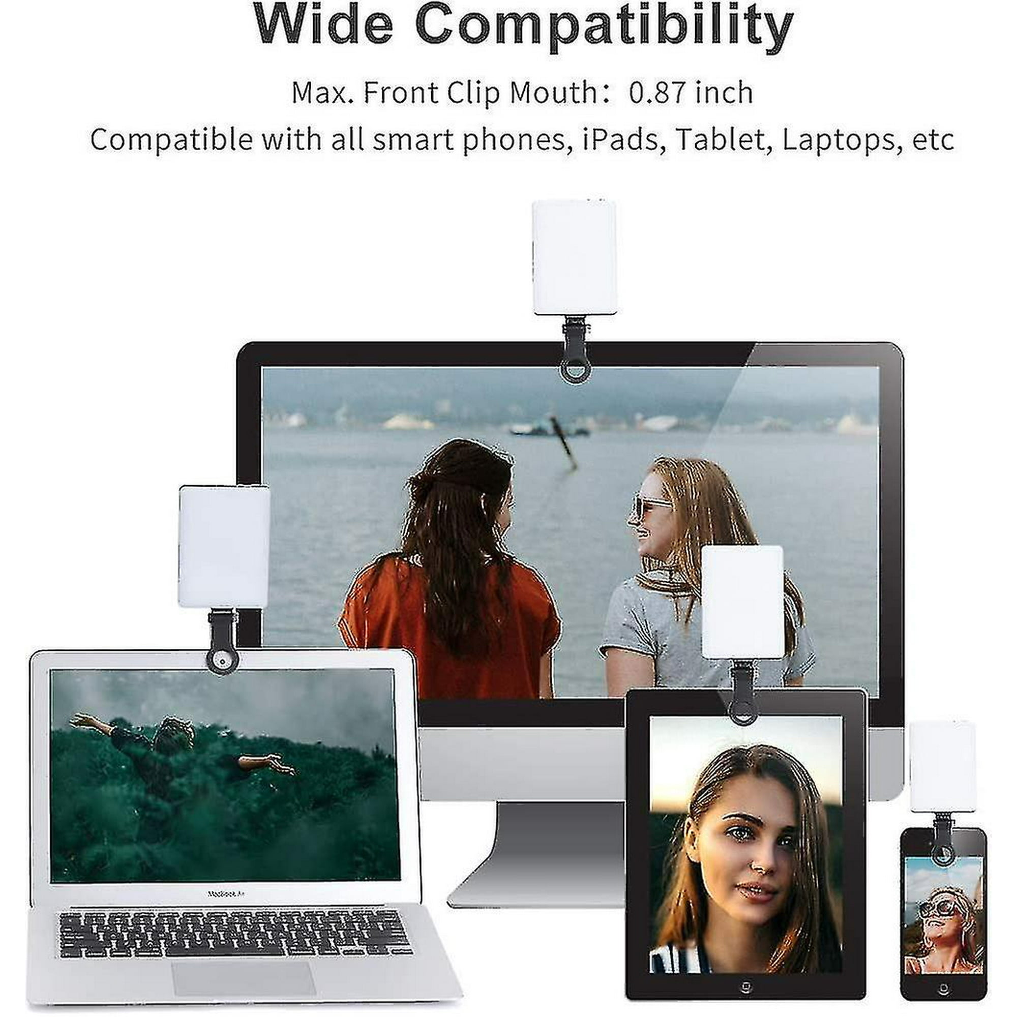 Das Bild zeigt Geräte mit angebrachten Lichtern. Ein Laptop, ein Monitor, ein Tablet und ein Telefon werden angezeigt. Der Text lautet 'Wide Compatibility'.