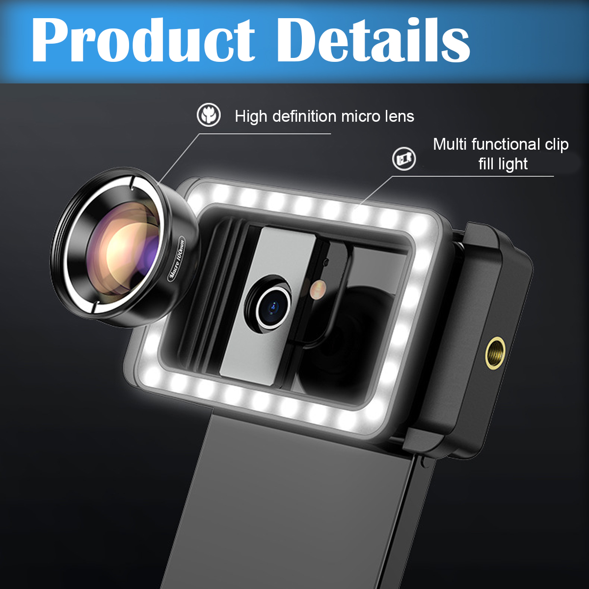 Eine Makrolinse und ein Clip-On-Licht für ein Telefon mit dem Wort 'Produktdetails' darüber.