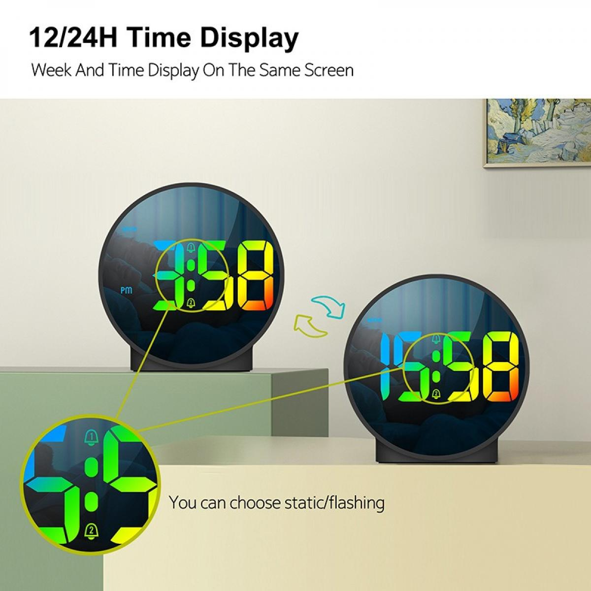 Zwei digitale Wecker zeigen 16:58 Uhr an, mit einer Nahaufnahme des Displays. Text: 'Sie können statisch/blinkend wählen'.