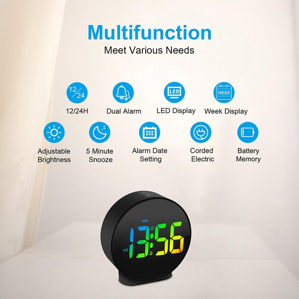 Eine schwarze Digitaluhr zeigt 13:56. Symbole zeigen Funktionen wie Dual-Alarm, einstellbare Helligkeit und Wochenanzeige. Text: 'Multifunktion'.