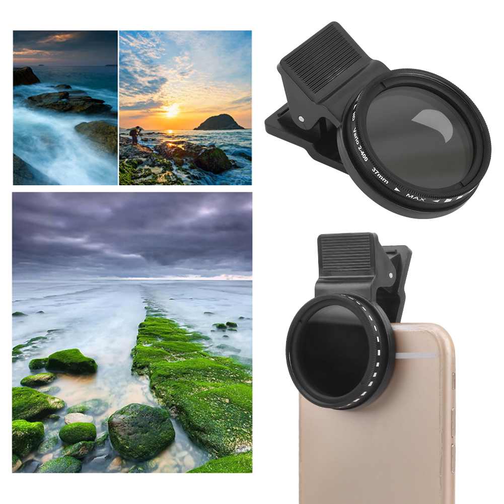 Das Bild zeigt eine Collage. Sie beinhaltet Meereslandschaften und eine Telefonlinse mit Clip. Das Meer ist bewölkt. Die Linse ist schwarz und rund.