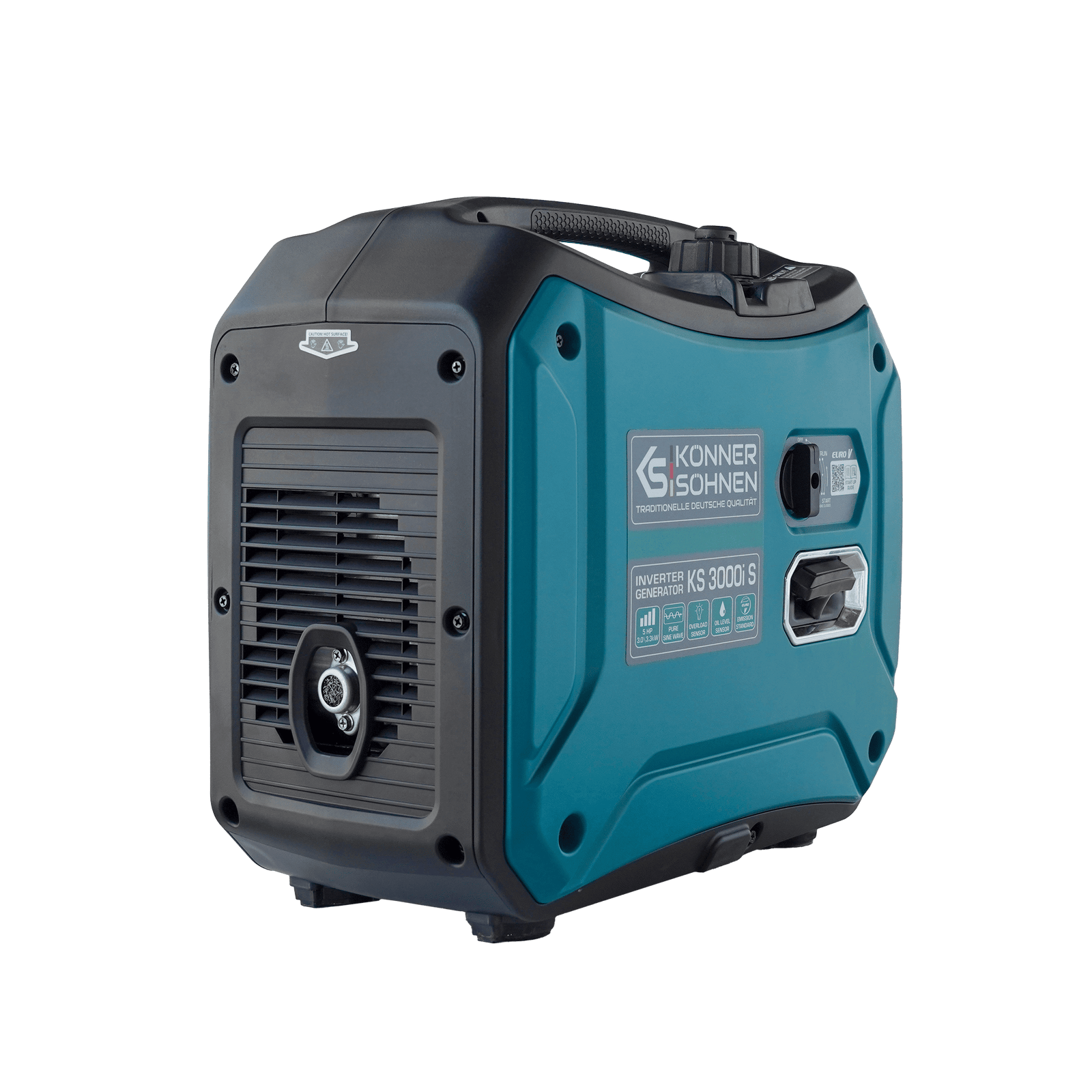 Ein tragbarer Generator in Türkis und Schwarz mit Griff. Es hat den Markennamen Konner & Sohnen.