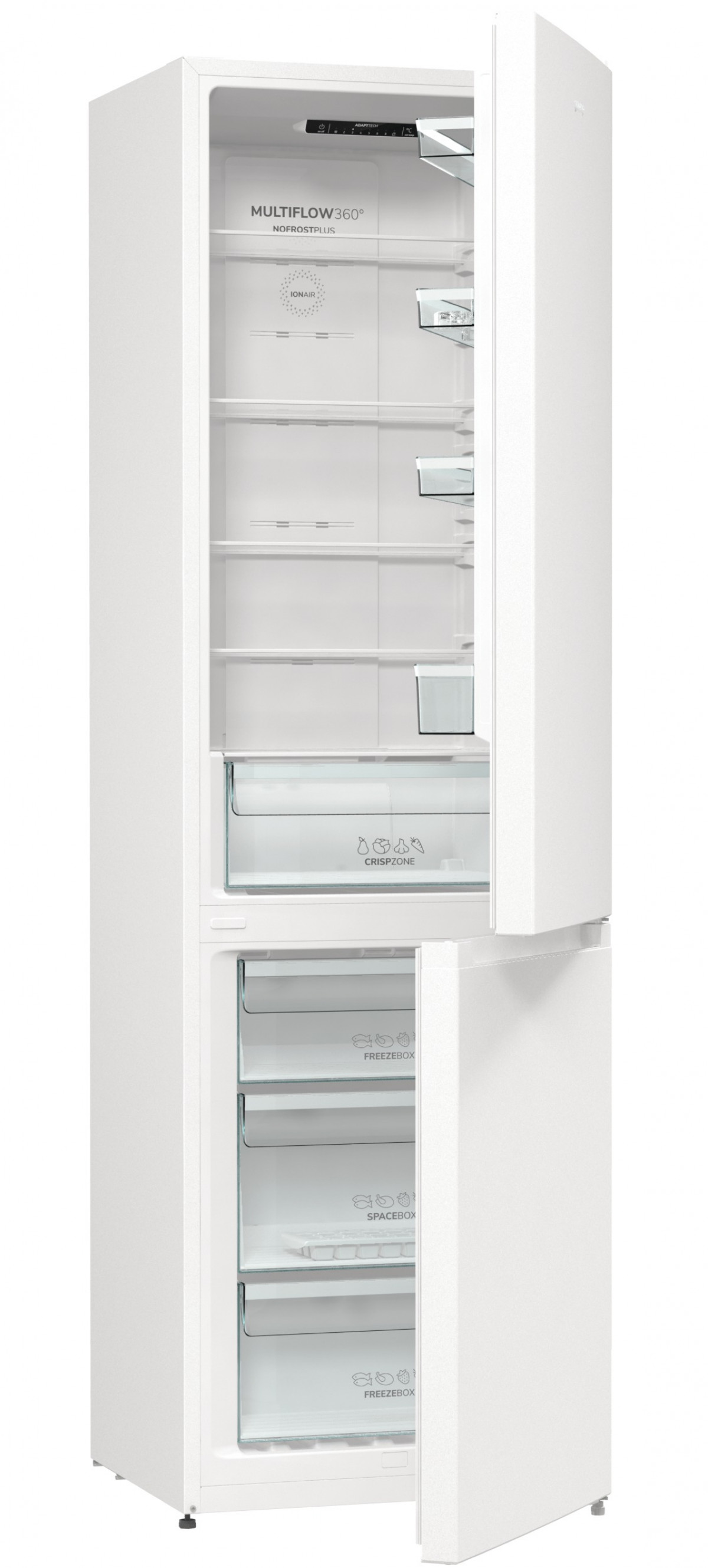 Ein weißer Kühlschrank mit offenen Türen, der Innenregale, Schubladen und Etiketten wie 'CrispZone' und 'FreezeBox' zeigt.