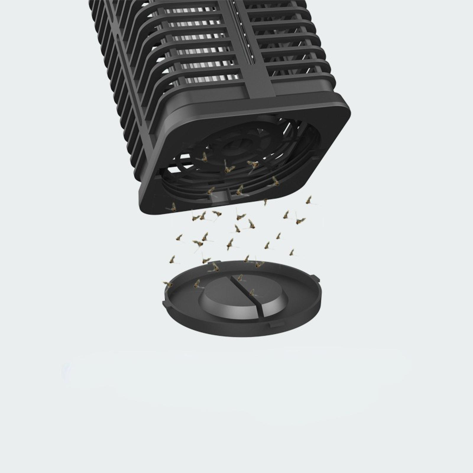 Eine schwarze Insektenfalle mit herausnehmbarer Schale. Insekten fallen in die Schale. Weißer Hintergrund.