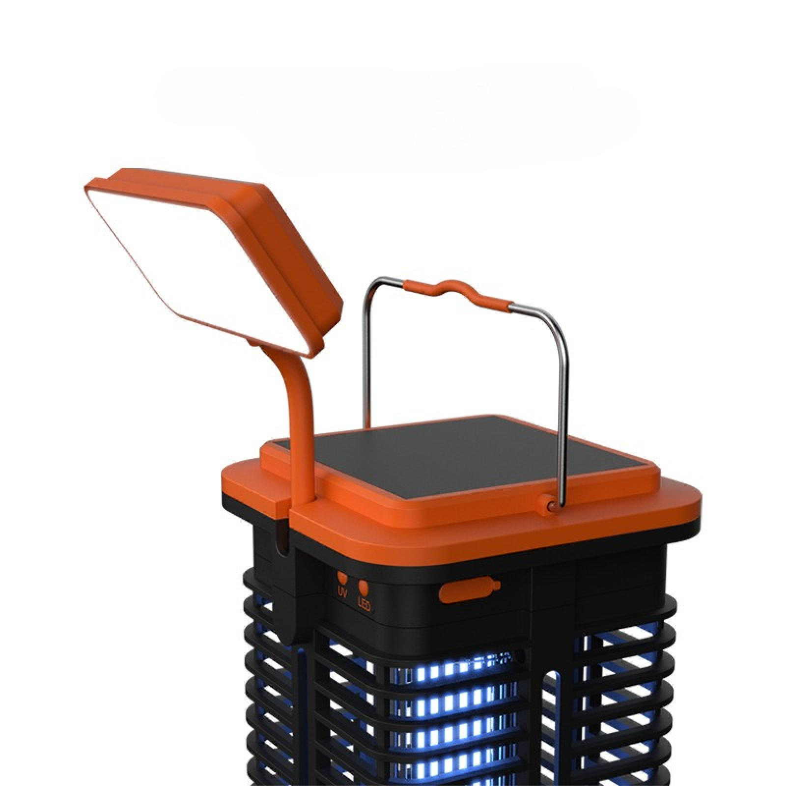 Orangefarbener und schwarzer Insektenvernichter mit Griff. Quadratisches Licht oben. Blaue Lichter im Inneren.