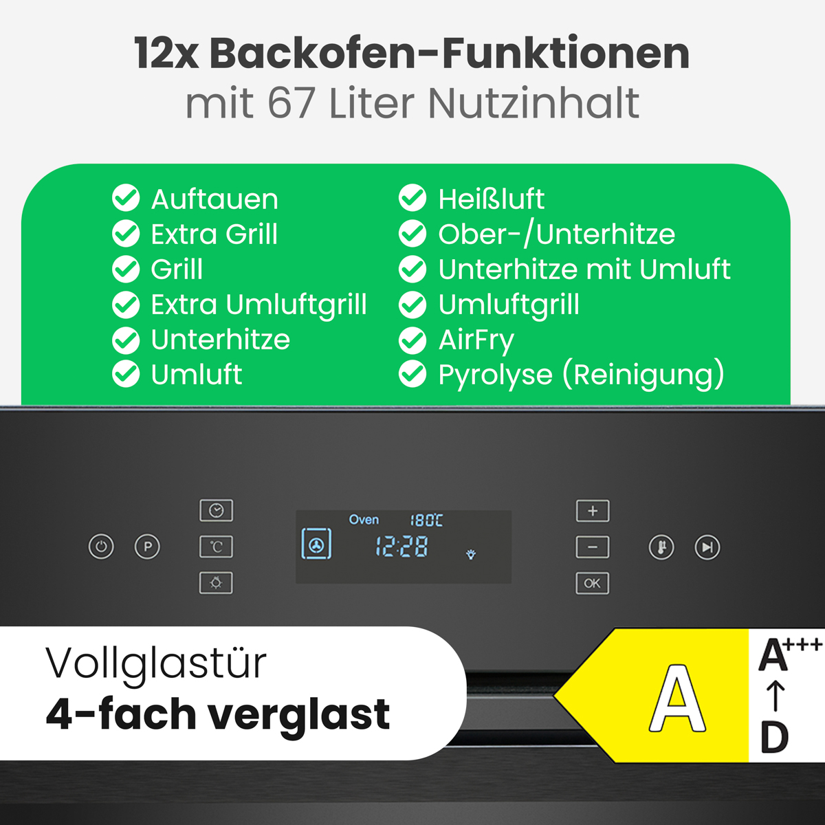 Ein schwarzer Backofen mit grüner Funktionsliste. Ein Energielabel zeigt A. Der Ofen hat ein Digitaldisplay und eine Glastür.