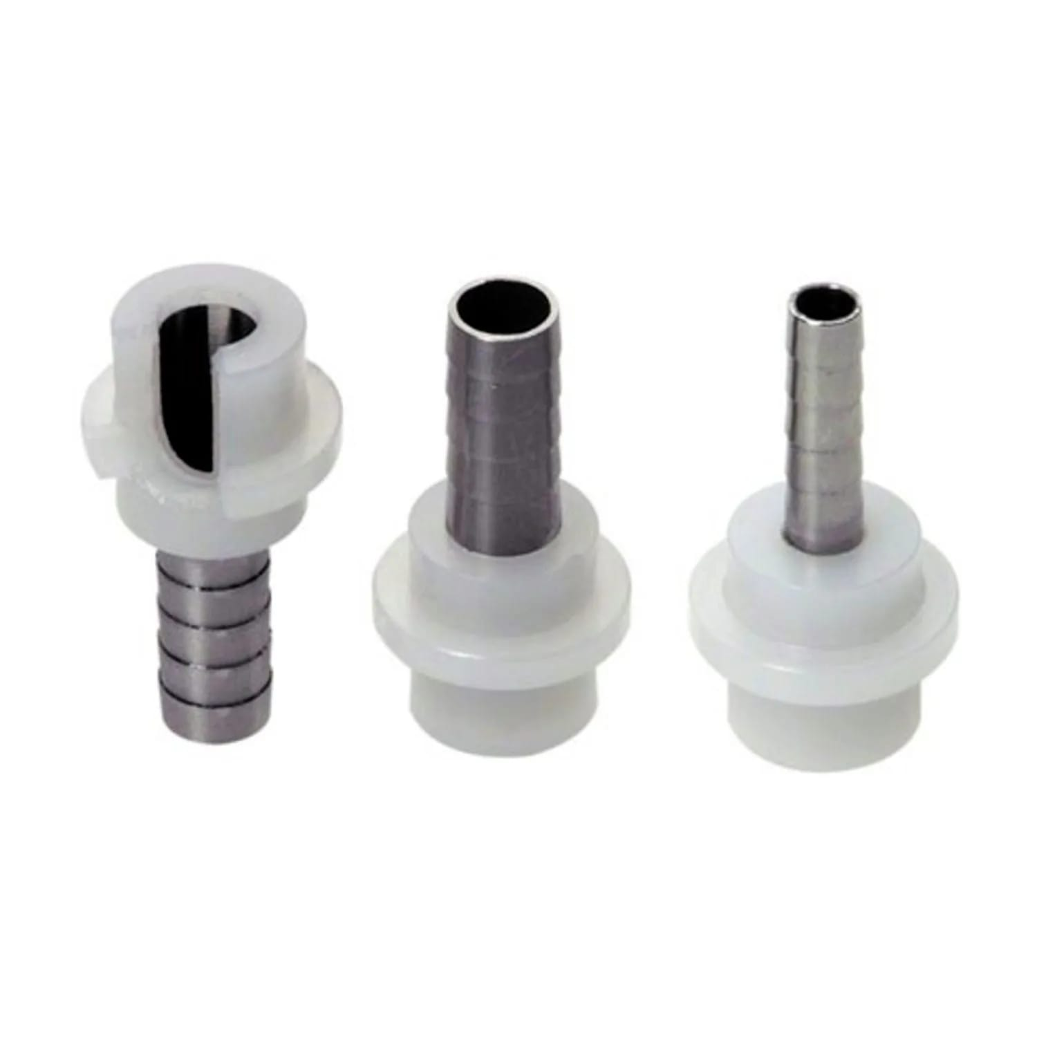 Three plumbing fittings: white plastic bases with metal tubes. One has a unique shape. All stand against a white background.