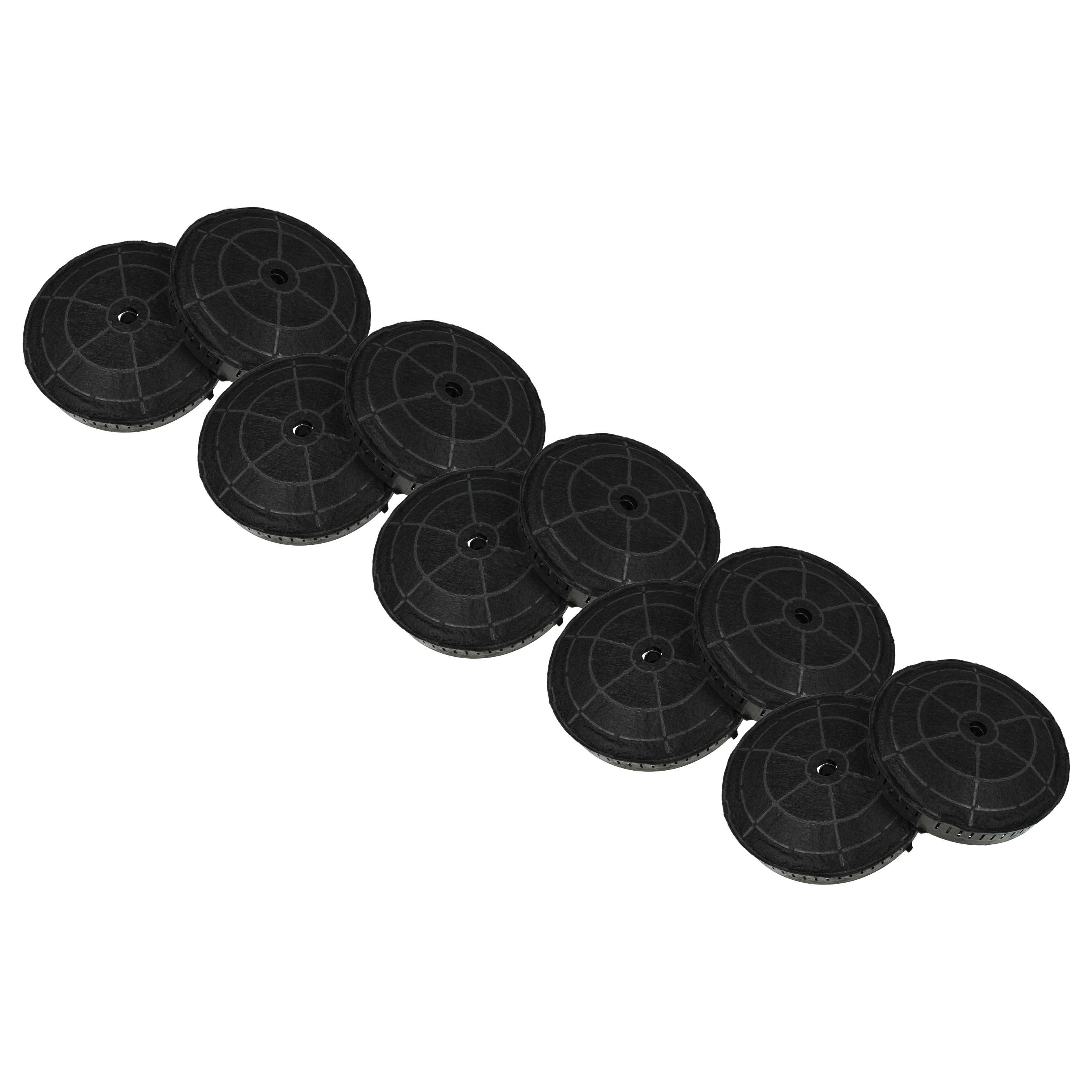 Mehrere schwarze, kreisförmige Aktivkohlefilter sind vor weißem Hintergrund angeordnet.