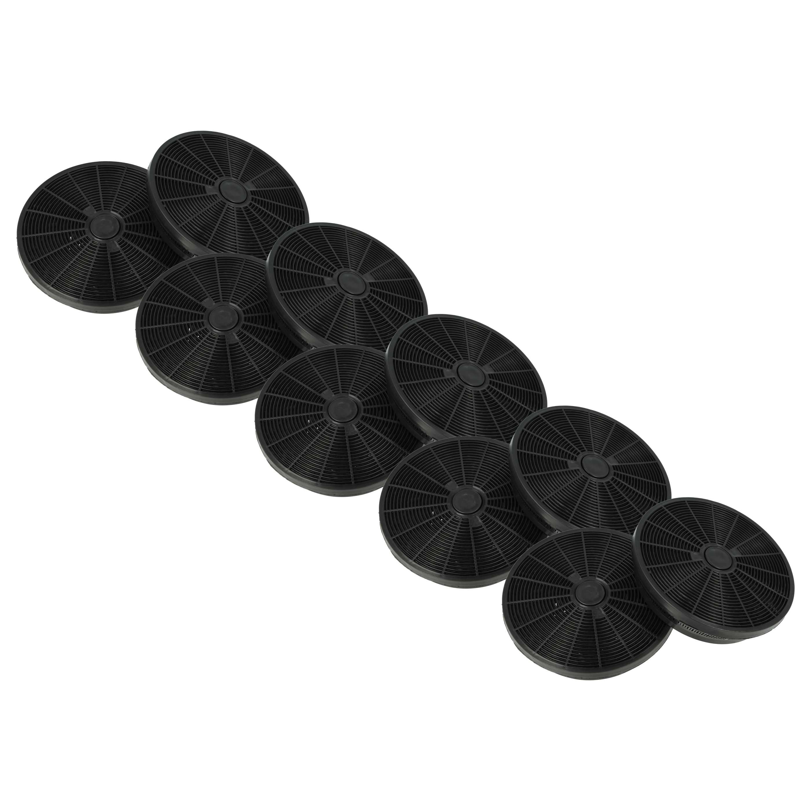 Mehrere schwarze kreisförmige Filter sind diagonal auf weißem Hintergrund angeordnet. Jeder hat eine zentrale Nabe und radiale Linien.
