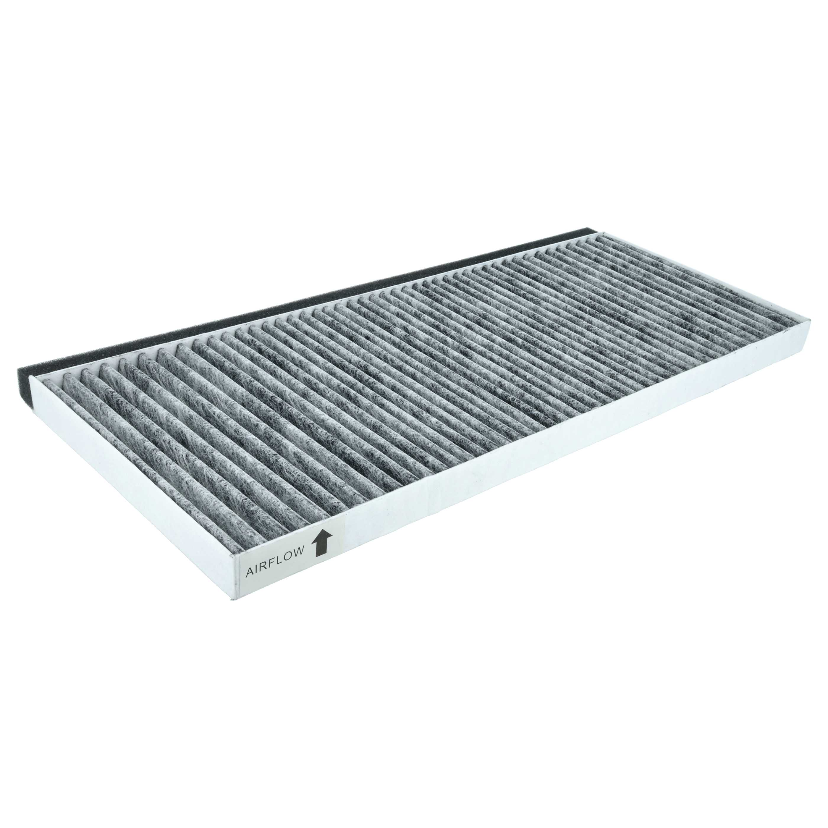 Ein rechteckiger Luftfilter. Er ist weiß mit einem grauen Filter. Die Worte AIRFLOW und ein Pfeil sind sichtbar.