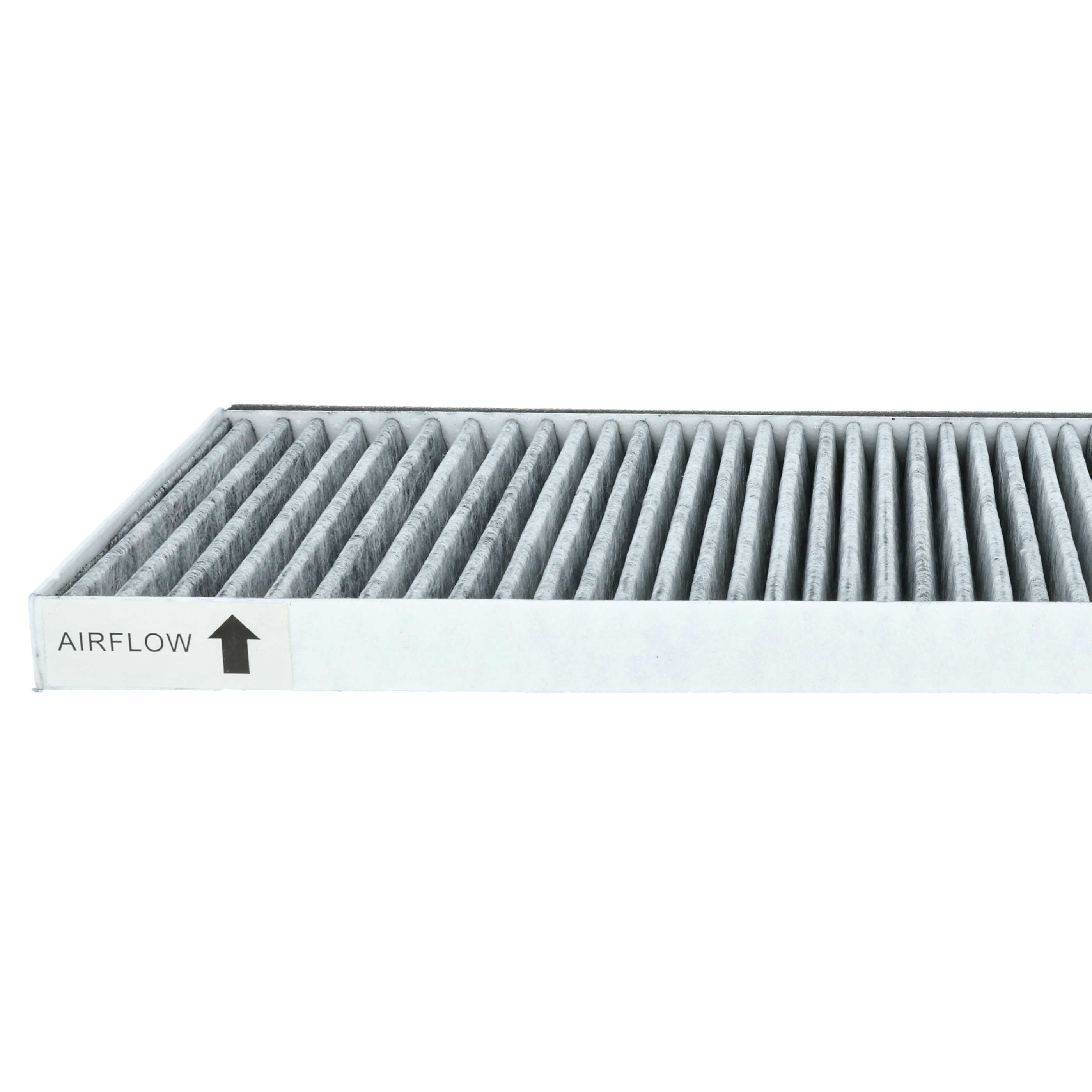 Ein Luftfilter mit grauem, plissiertem Filtermedium. Weißer Rahmen mit 'AIRFLOW' und Richtungspfeil.