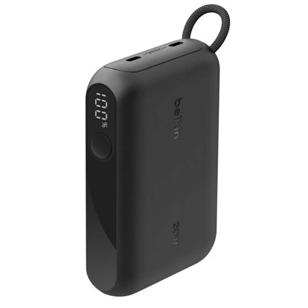 Power bank Belkin 20W nera. Mostra il 100% di carica. Ha un anello. Loghi Belkin e 20W visibili.