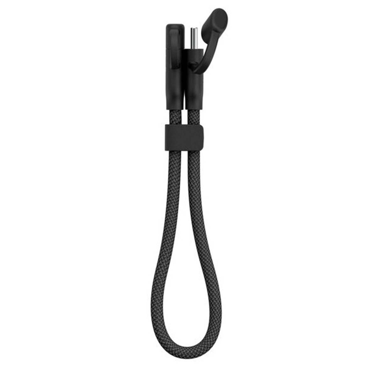 Un cavo di ricarica nero per telefono. Ha un anello in basso e un connettore in alto. Il cavo è strutturato.