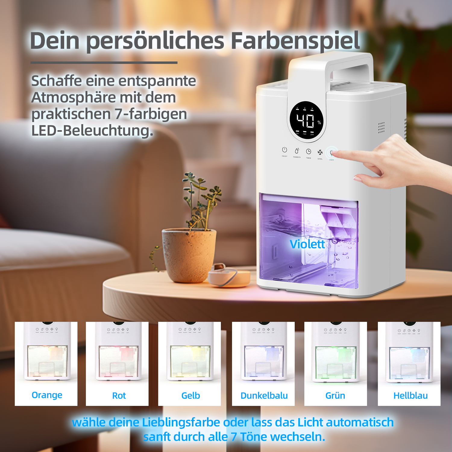 Ein weißer Luftreiniger mit einer Hand, die einen Knopf drückt. Er hat eine digitale Anzeige und Optionen für verschiedene farbige Lichter, einschließlich Orange, Rot und Grün.