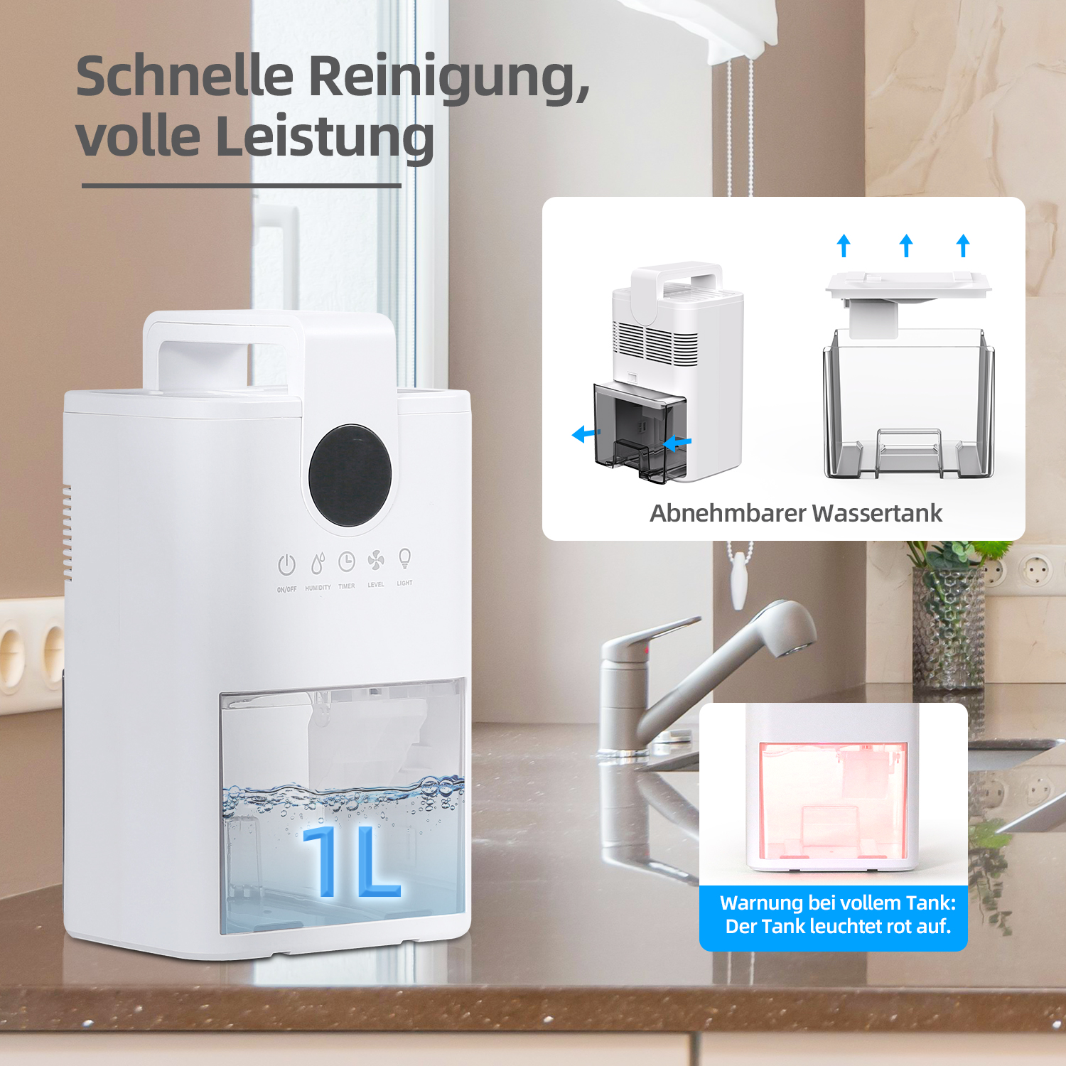 Ein weißer Luftentfeuchter mit Wassertank, Griff und Bedienelementen. Text: schnelle Reinigung, volle Leistung.