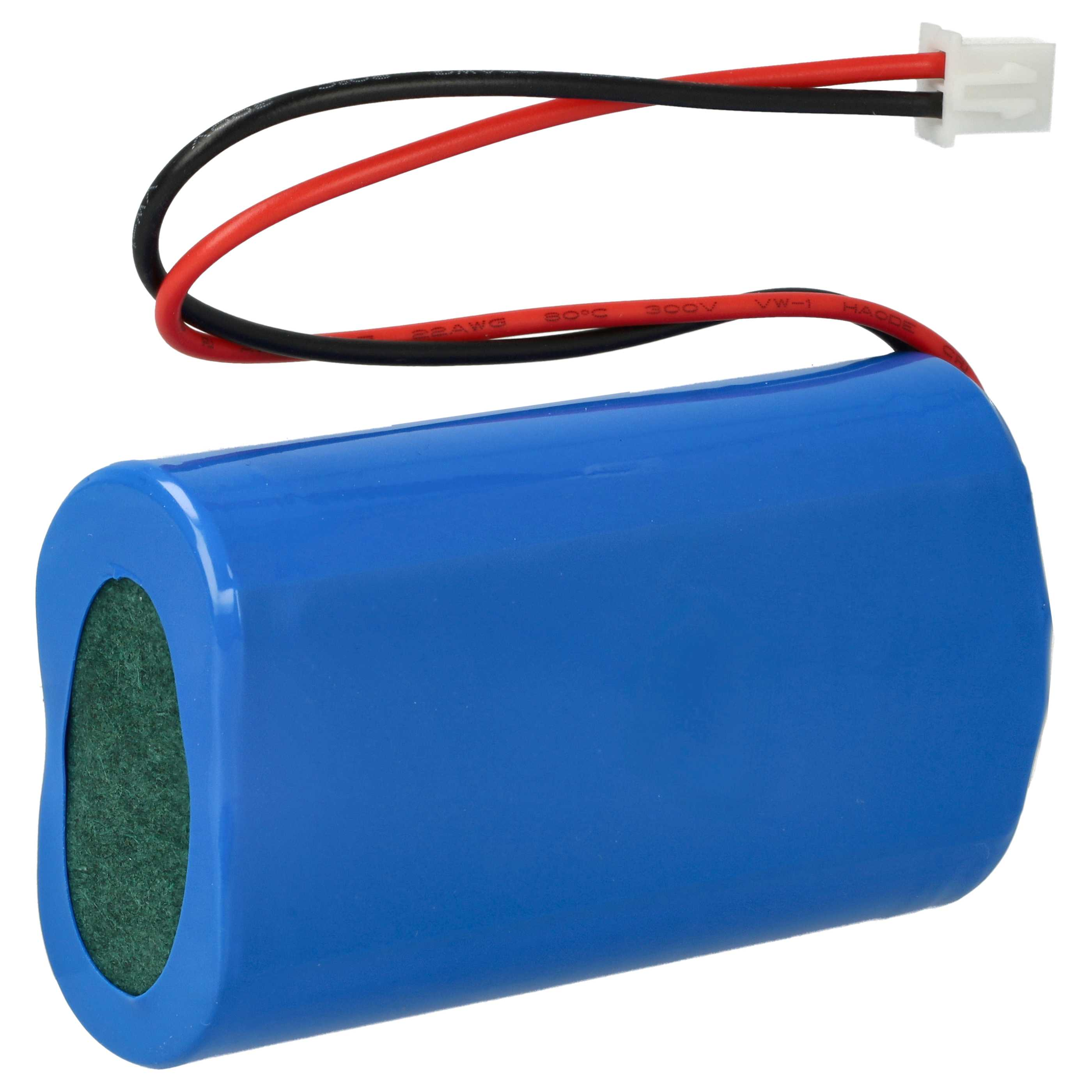 Eine blaue zylindrische Batterie mit schwarzen und roten Drähten, die mit einem weißen Stecker verbunden sind. Ein grüner Kreis befindet sich am Ende.