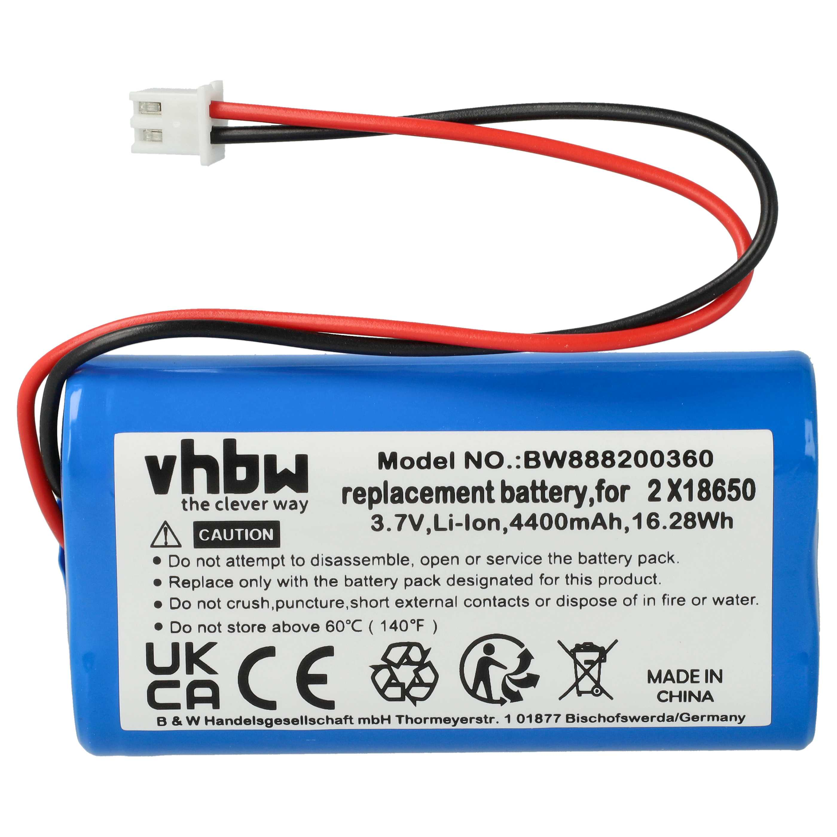 Blaue Batterie mit schwarzen und roten Drähten, weißem Stecker und Warnhinweisen.