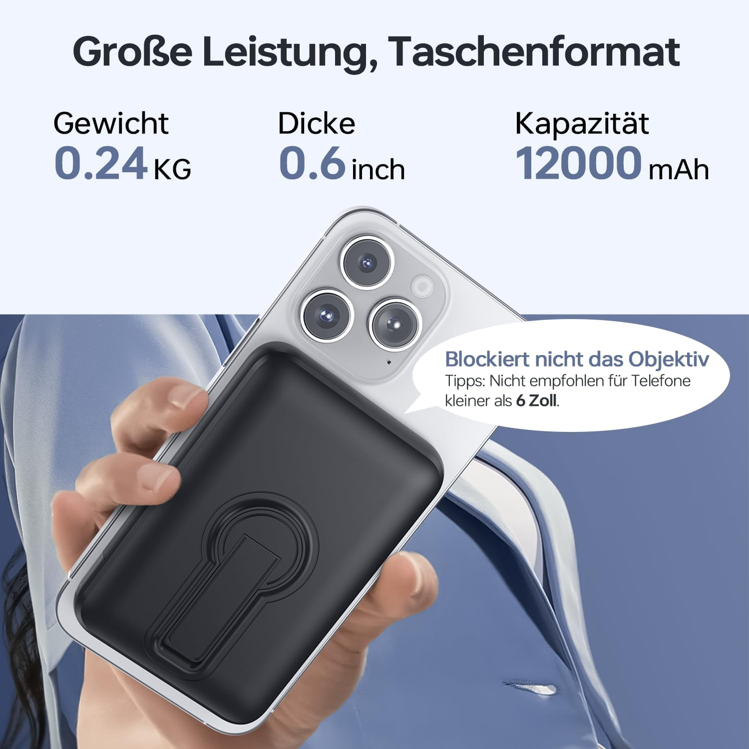 Dłoń trzyma srebrny telefon z czarnym magnetycznym uchwytem na pierścień. Tekst wskazuje wagę, grubość i pojemność.