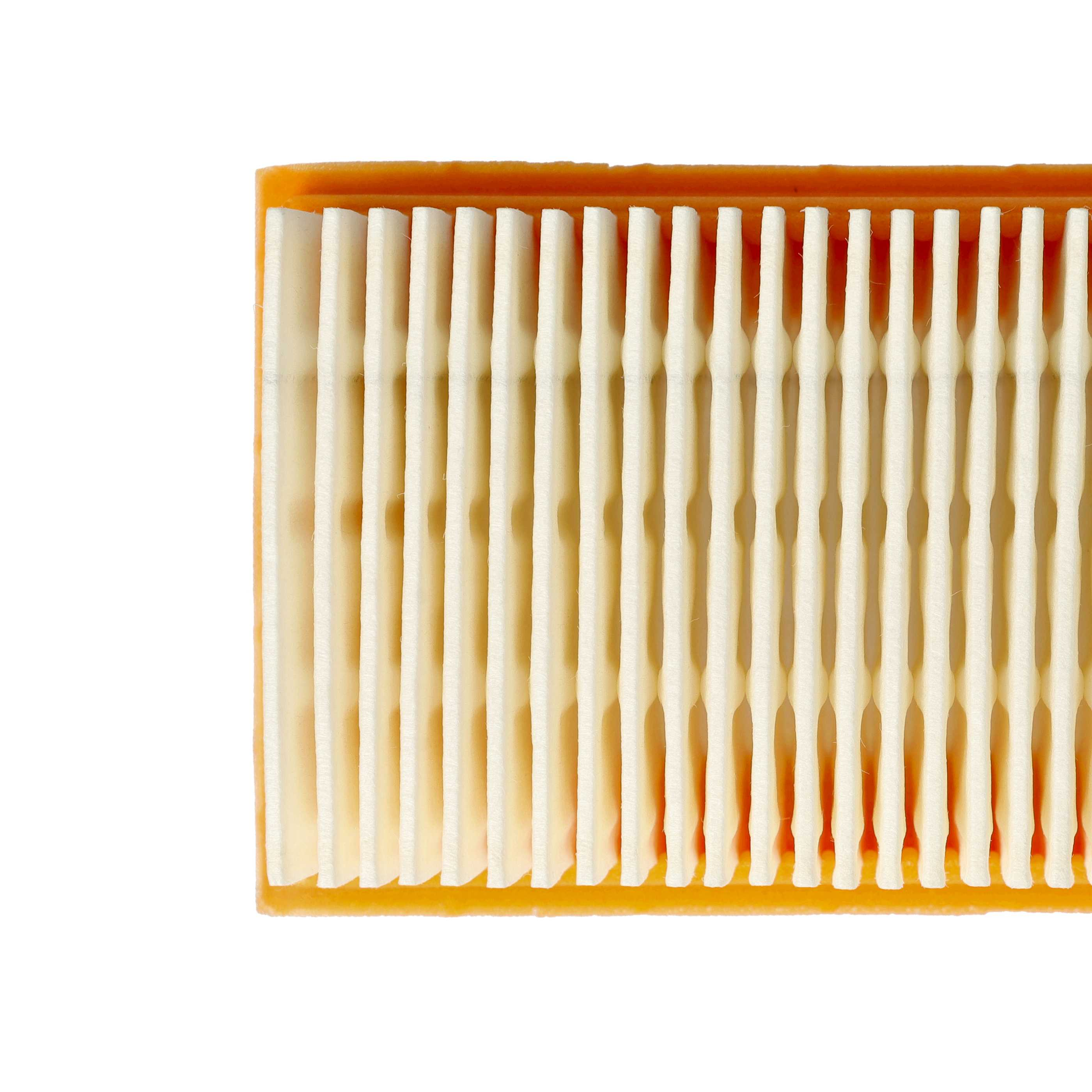 Nahaufnahme eines Luftfilters. Er hat vertikale weiße Filterelemente mit einem orangefarbenen Rahmen auf weißem Hintergrund.