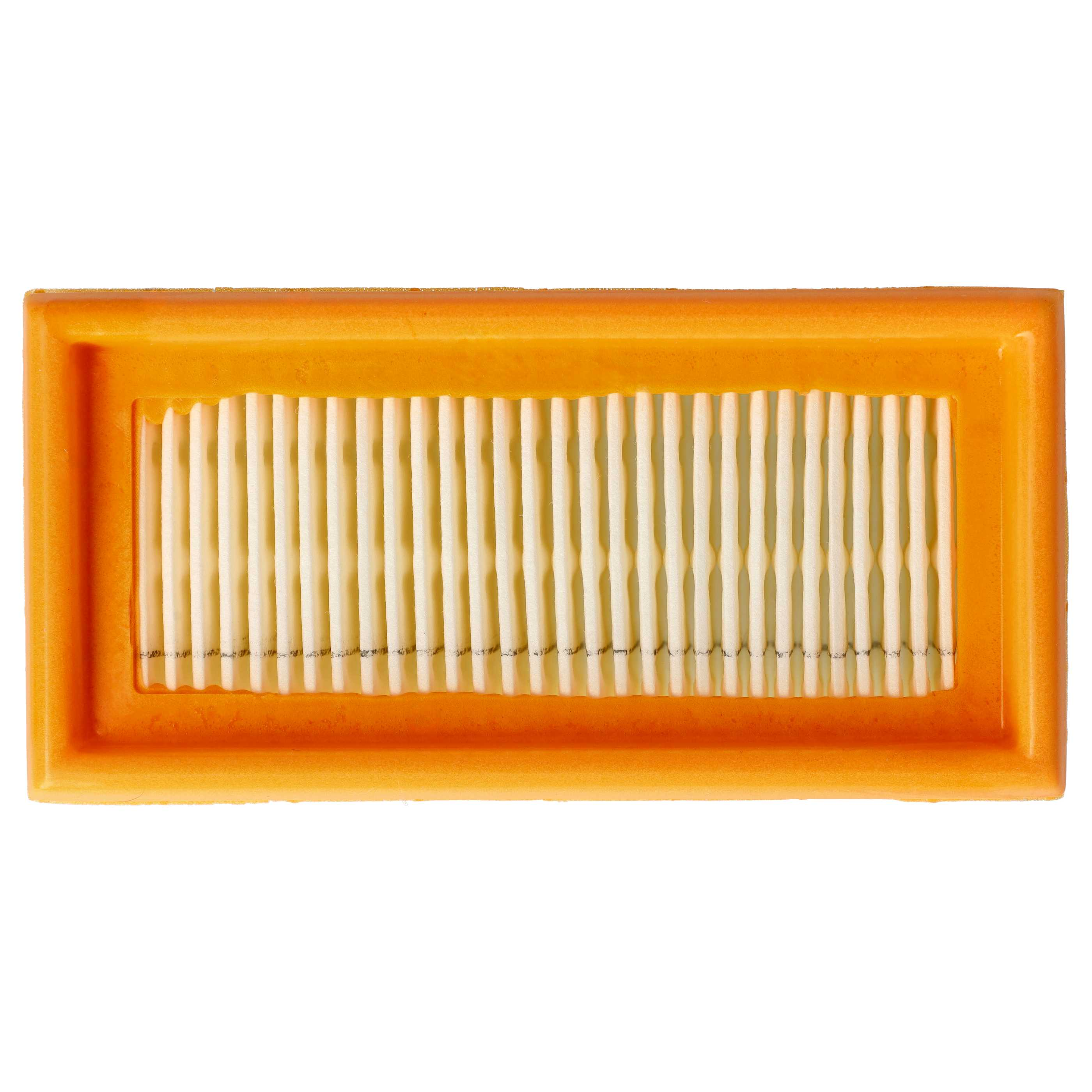 Ein rechteckiger Luftfilter mit orangefarbenem Rahmen und weißem Filtermaterial.