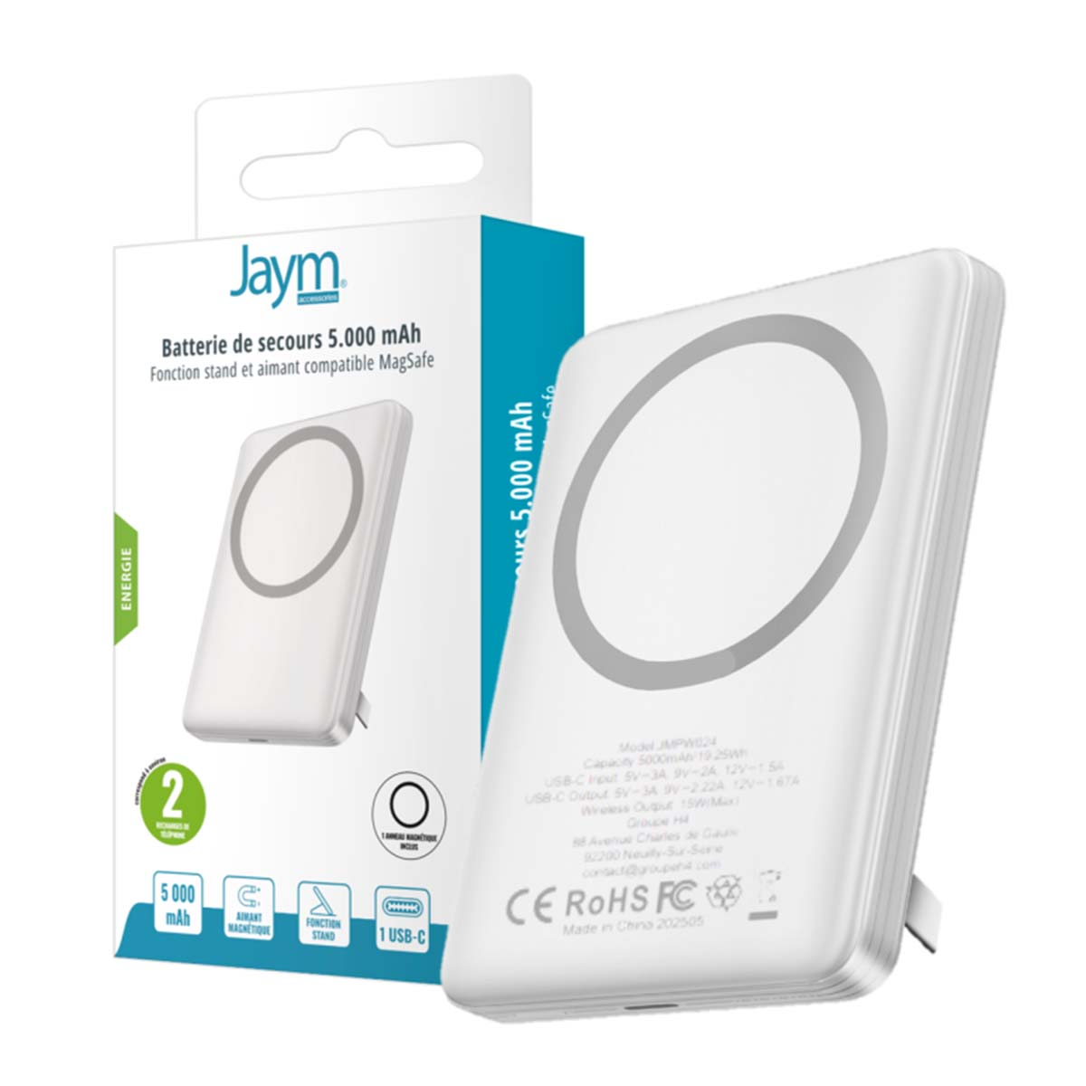 Banco de energía MagSafe blanco en su caja. El texto incluye '5.000 mAh', 'magnético', 'soporte'. La caja muestra la marca 'Jaym'.