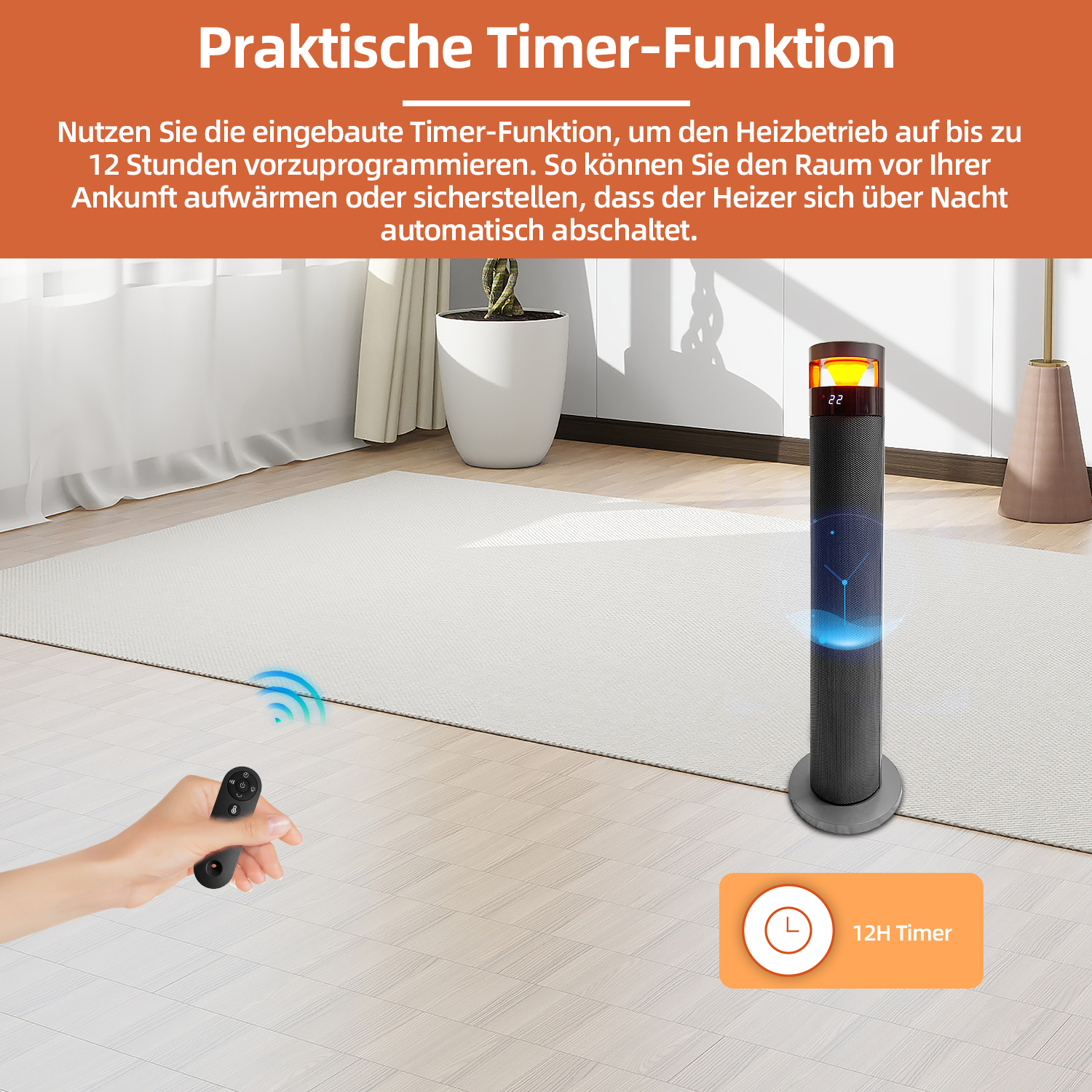 Grzejnik z pilotem i funkcją timera. Ręka trzyma pilota. Roślina w białej doniczce w tle.