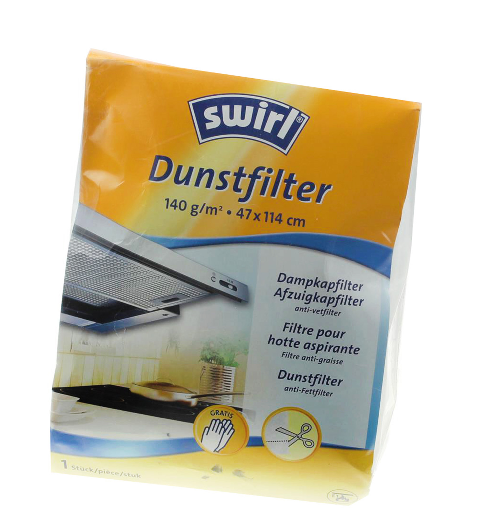 Eine Packung Dunstfilter der Marke 'swirl'. Es zeigt ein Bild einer Küche und des Filters.