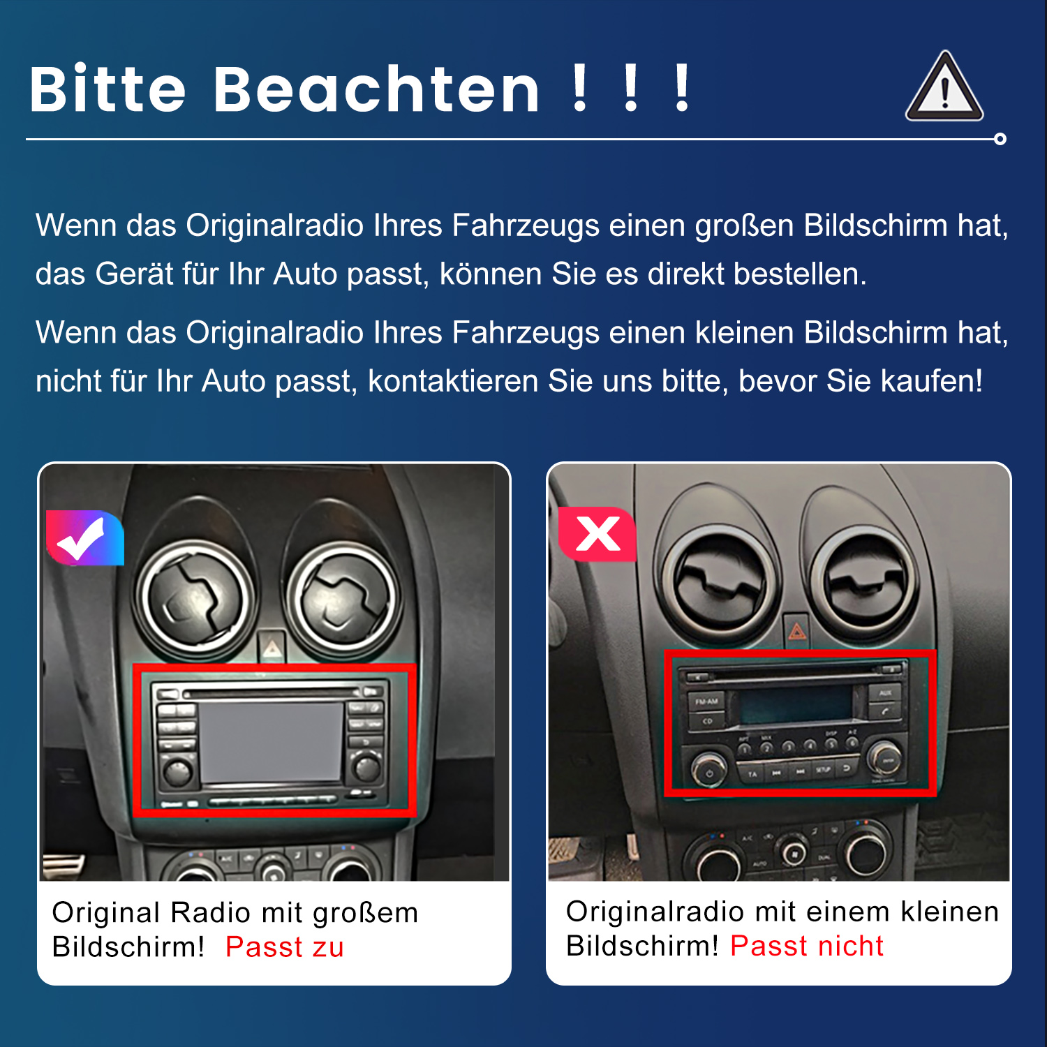 Das Bild zeigt Autoradiooptionen. Eines hat einen großen Bildschirm, markiert mit einem Häkchen, das andere einen kleinen Bildschirm, markiert mit einem X.