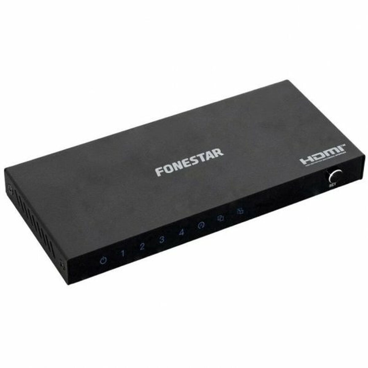 Uno switch HDMI FONESTAR nero. Ha ingressi etichettati 1-4 e un logo HDMI. È su sfondo bianco.