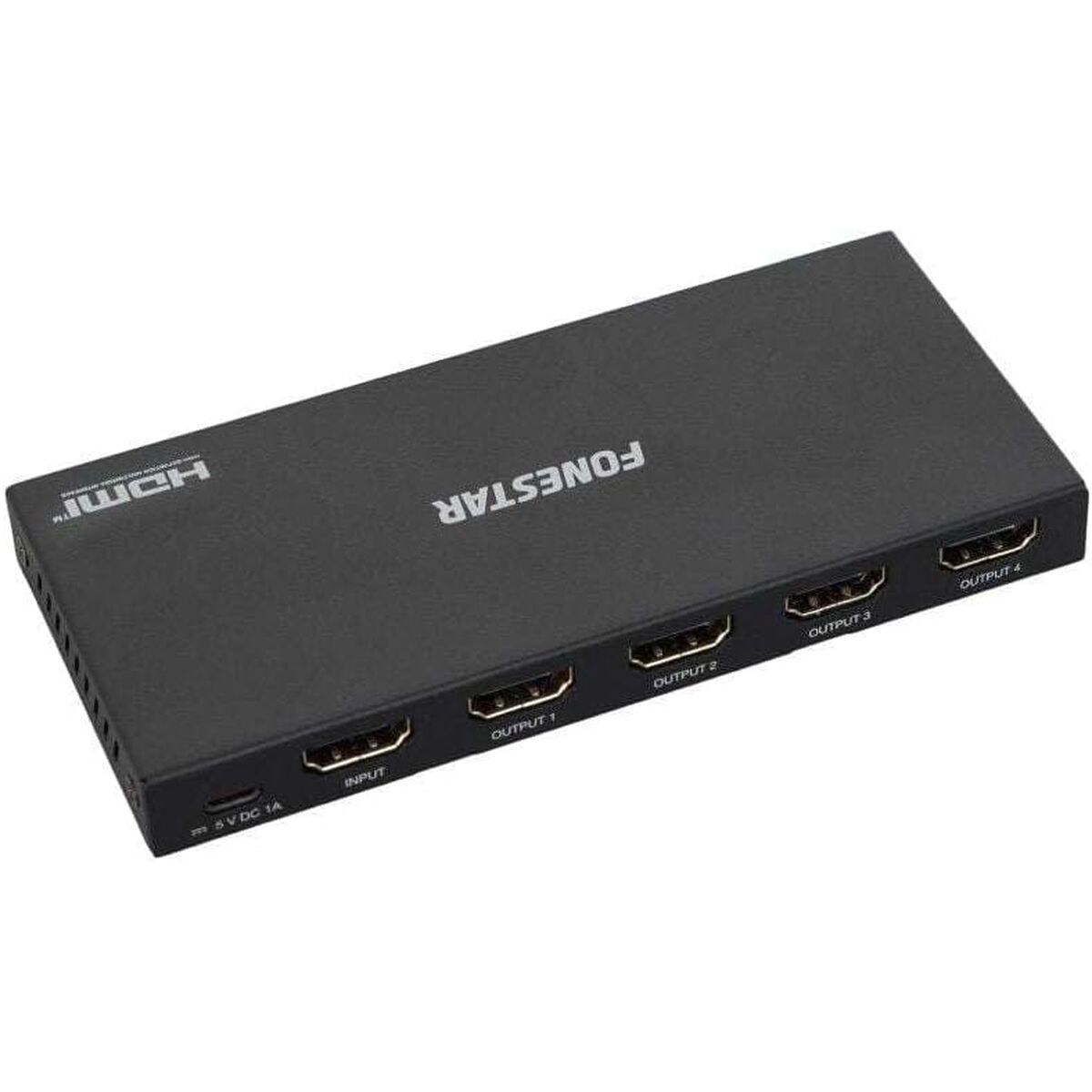 Uno splitter HDMI FONESTAR nero con più porte di uscita. Etichettato 'INPUT', 'OUTPUT 1, 2, 3, 4', e logo HDMI.