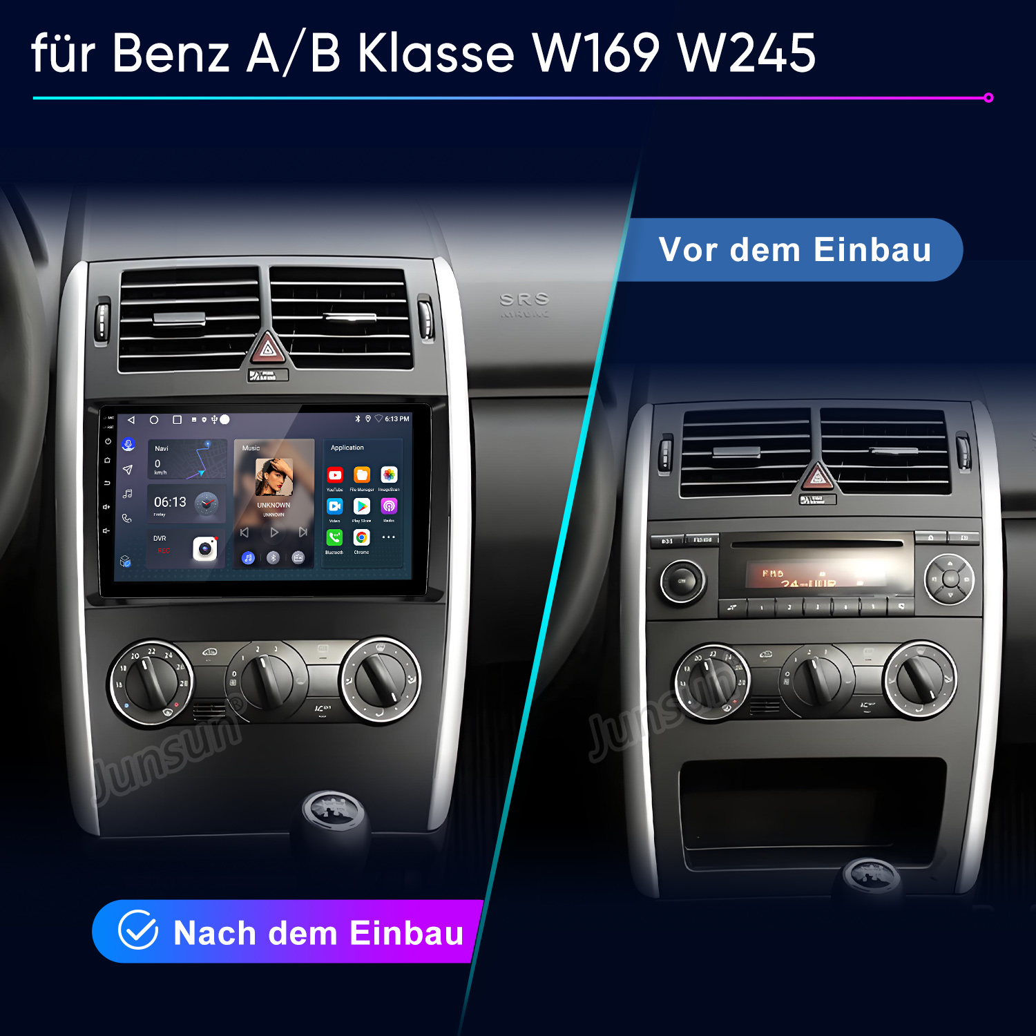 Vergleich des Armaturenbretts: altes Radio vs. neues Multimediasystem. Zeigt Vorher-Nachher-Installation eines neuen Autoradios.
