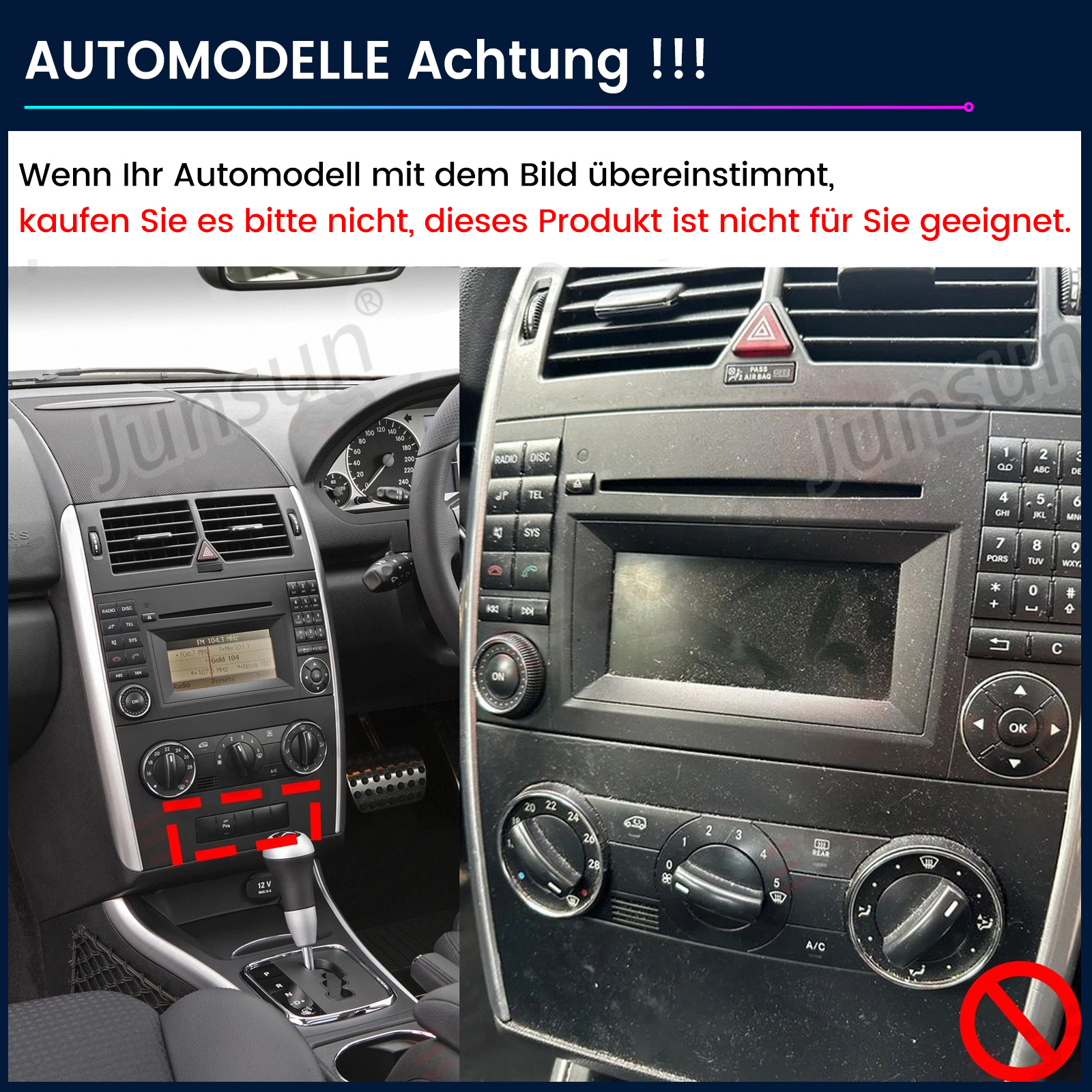 Auto-Innenraum mit Radio, Knöpfen und Display. Schwarzes Armaturenbrett, rote Akzente, Warnschild und Text. Nicht geeignet.