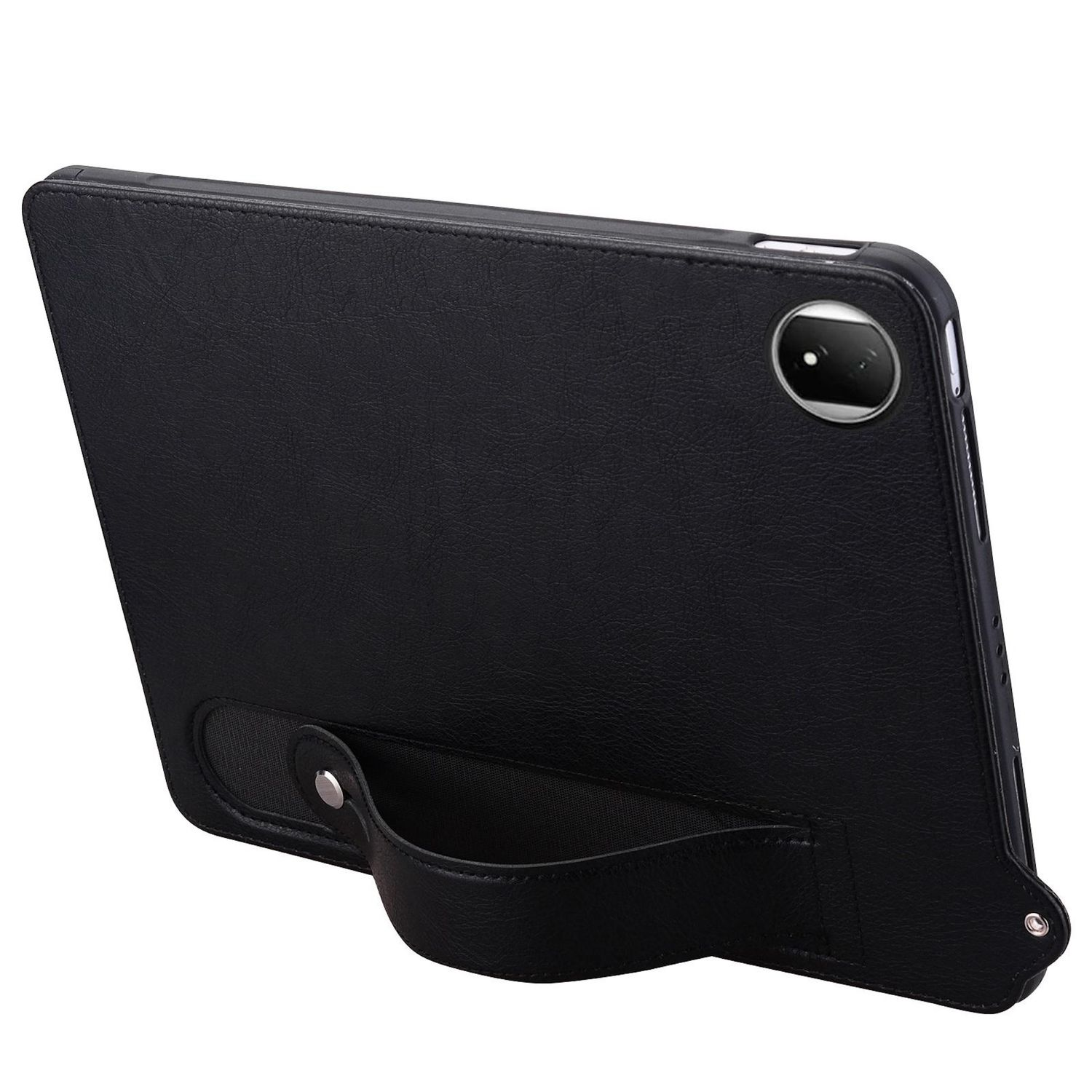 Schwarze Tablet-Hülle mit Handschlaufe. Die Hülle ist lederartig mit einem Kamera Loch und einem Knopf für den Riemen.