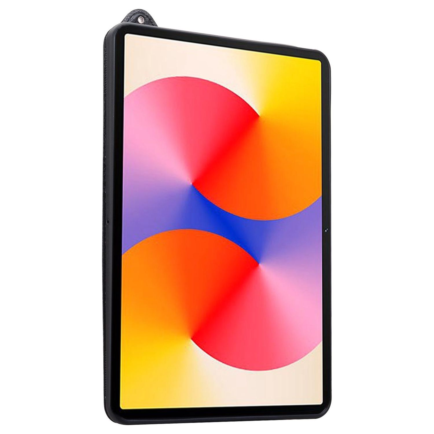 Ein Tablet mit farbenfrohem, abstraktem Hintergrund. Das Tablet befindet sich in einer schwarzen Hülle mit einer Schlaufe oben.