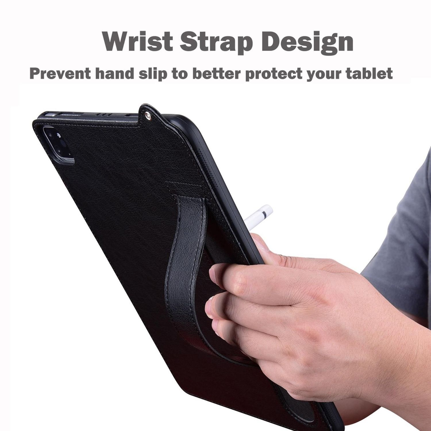 Eine Hand hält ein schwarzes Tablet mit einer Handschlaufe. Ein Stift befindet sich neben dem Tablet. Text: Wrist Strap Design.