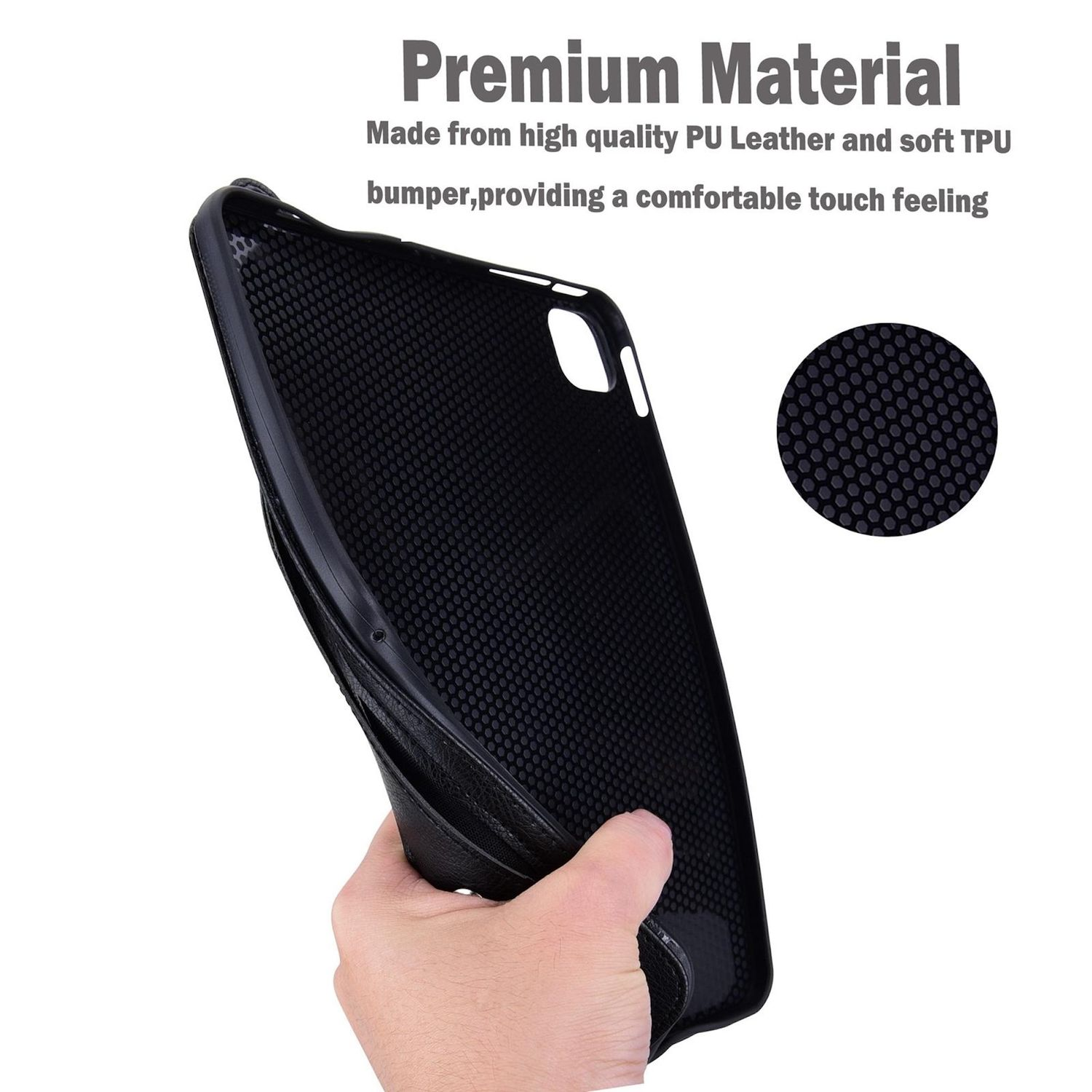 Eine Hand hält eine schwarze Handyhülle und demonstriert die Flexibilität. Text: Premium Material, PU-Leder, weicher TPU-Stoßfänger.