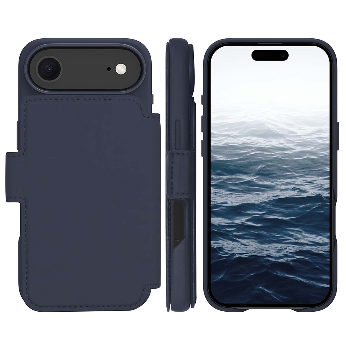 Tre viste di una custodia blu navy. Una con fotocamera, una vista laterale e una che mostra un'immagine d'acqua sullo schermo.