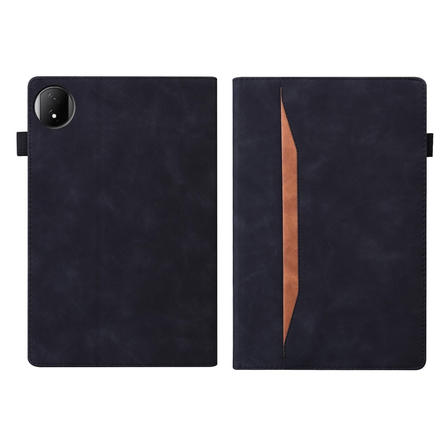 Dos fundas para tabletas azul marino, una con lente de cámara y correa, la otra con bolsillo color canela.