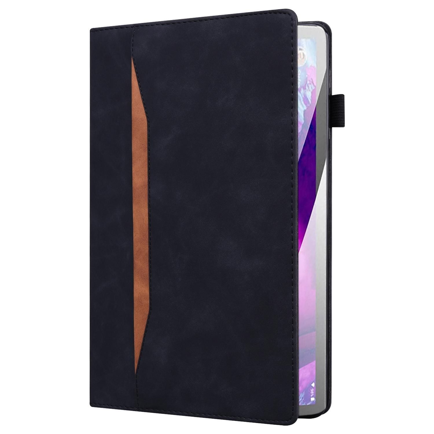Una tableta en una funda de cuero azul oscuro, con una franja marrón. La pantalla es parcialmente visible.