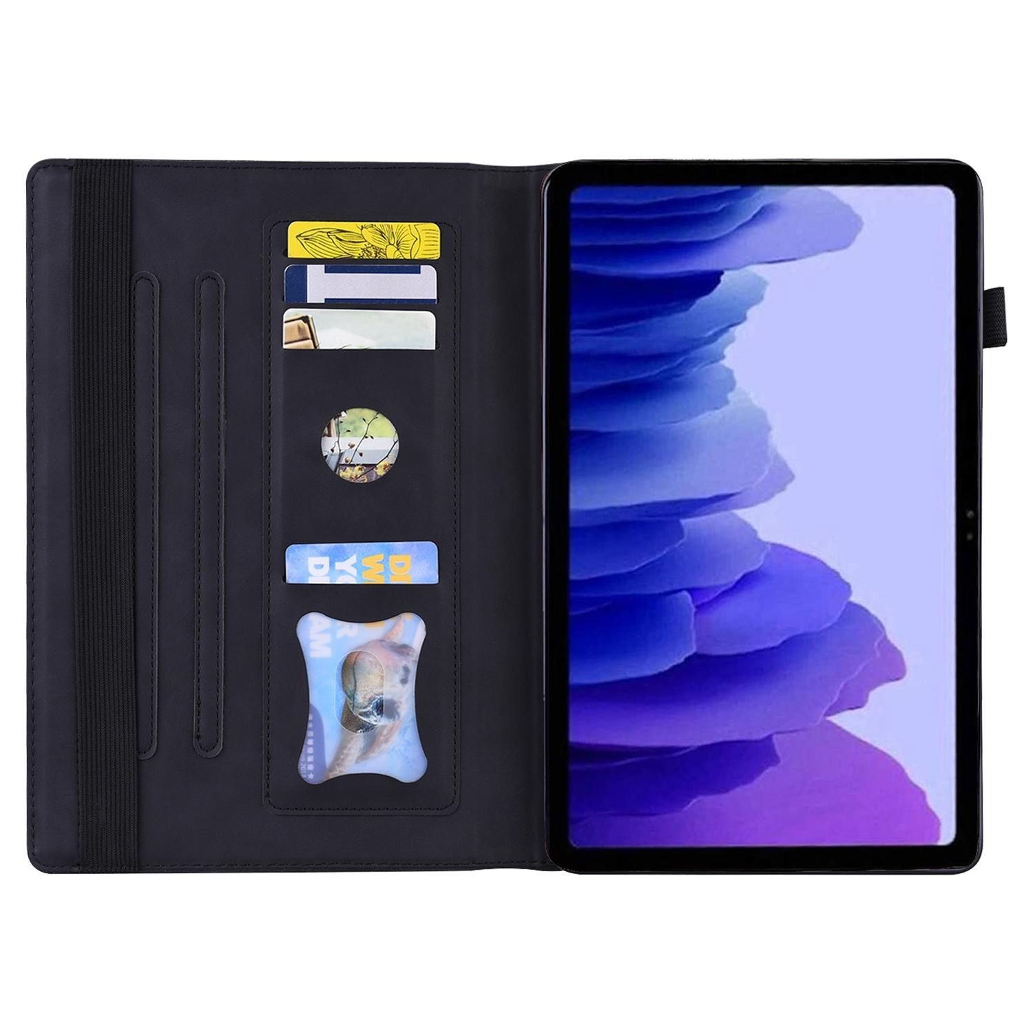 Funda de tableta negra abierta, con ranuras para tarjetas de crédito y una tableta con arte abstracto púrpura.